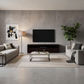 A modern living room setup featuring a dark wood media console beneath a wall-mounted flat-screen TV, flanked by a gray sofa on the left and a light gray sofa on the right. A striped area rug, a black coffee table, a floor lamp, and a potted green plant are arranged in a minimalist, contemporary interior.