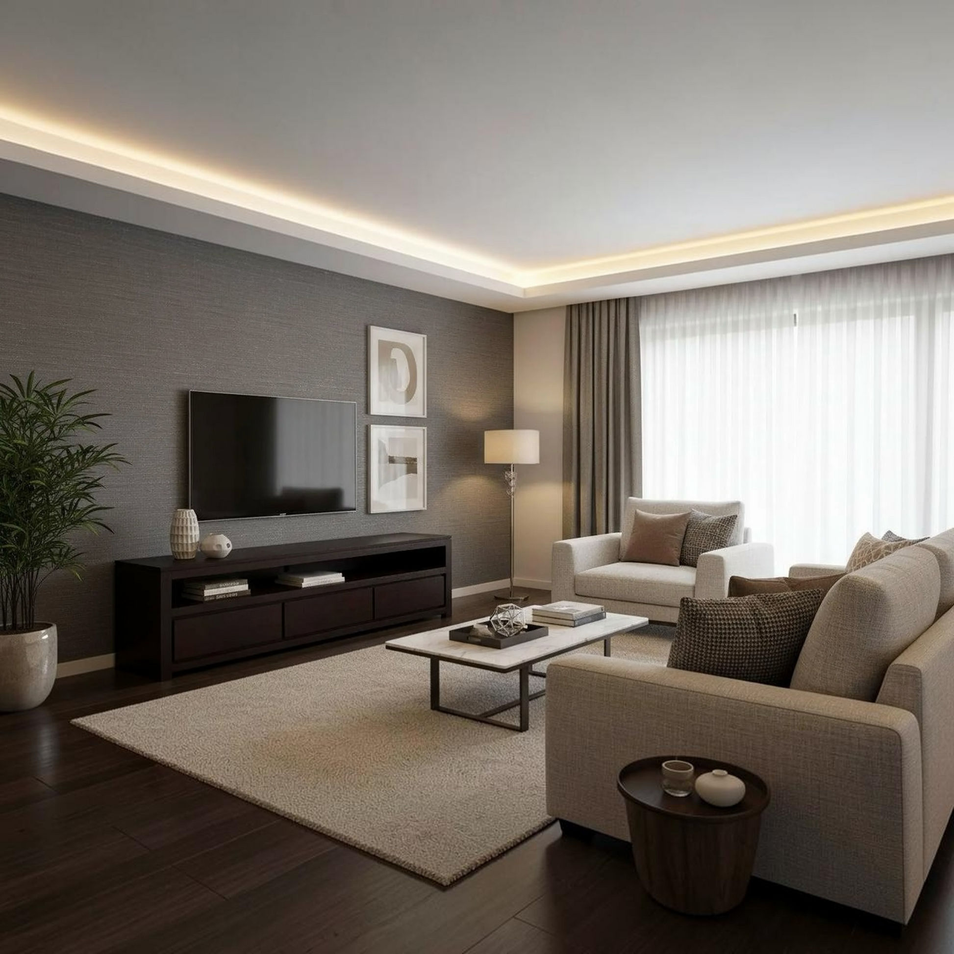 A modern living room interior with a light beige sofa, matching armchair, dark wood media console, white coffee table, textured beige rug, dark wood flooring, and a gray accent wall with framed art and a TV.
