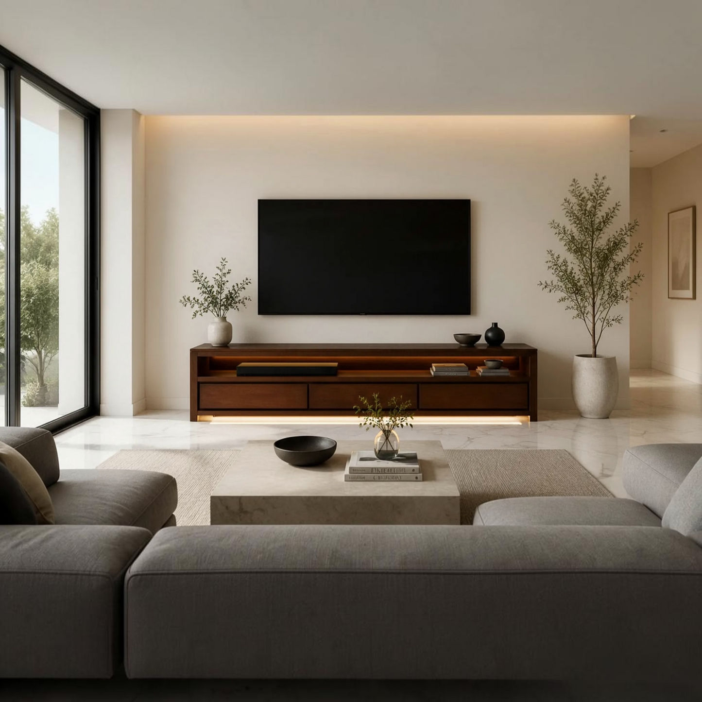 A modern living room with a large black flat-screen TV mounted on a beige wall above a dark wood media console. The room has a low-profile gray sectional sofa in the foreground, a light stone coffee table, and tall potted plants on either side of the TV.