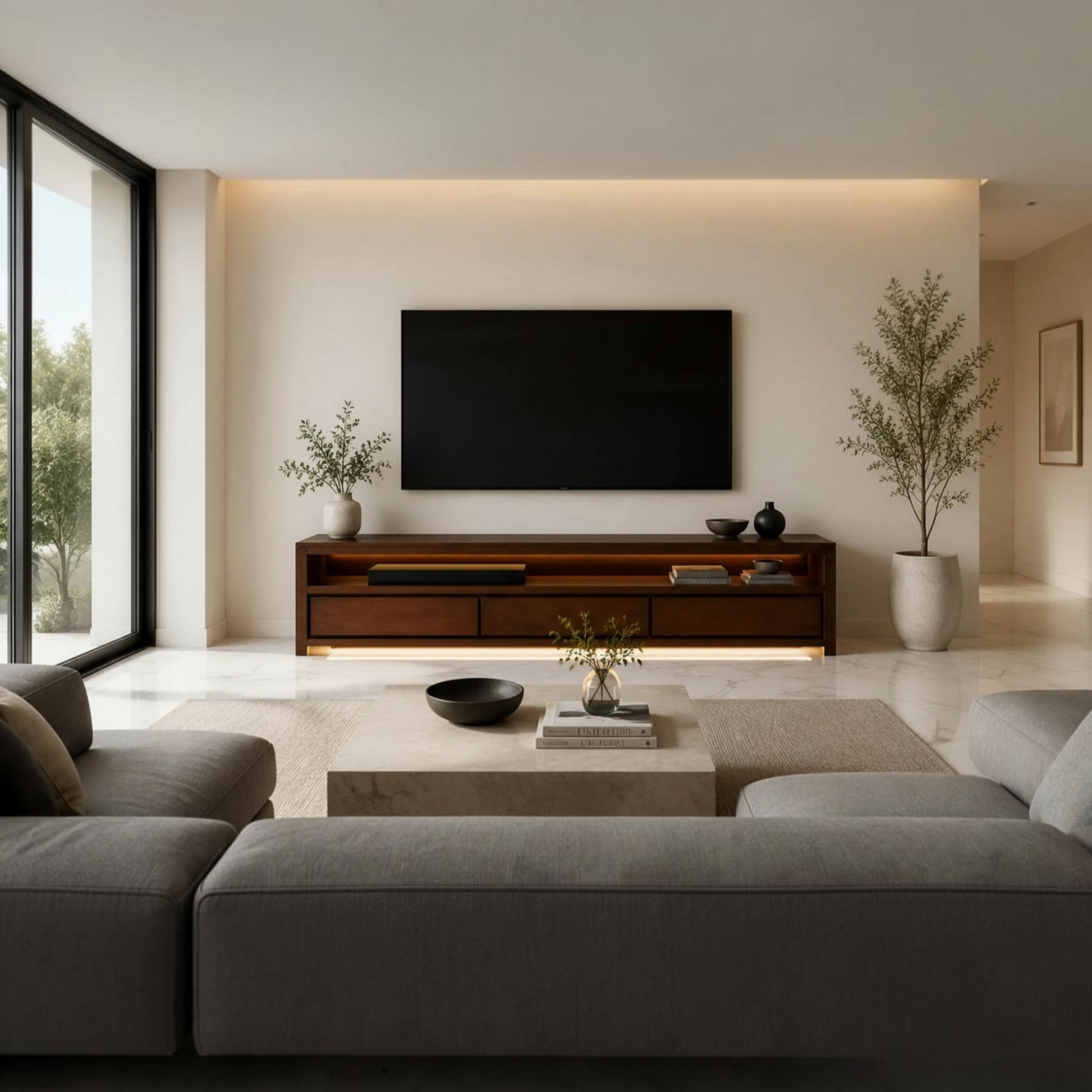 A modern living room with a large black flat-screen TV mounted on a beige wall above a dark wood media console. The room has a low-profile gray sectional sofa in the foreground, a light stone coffee table, and tall potted plants on either side of the TV.