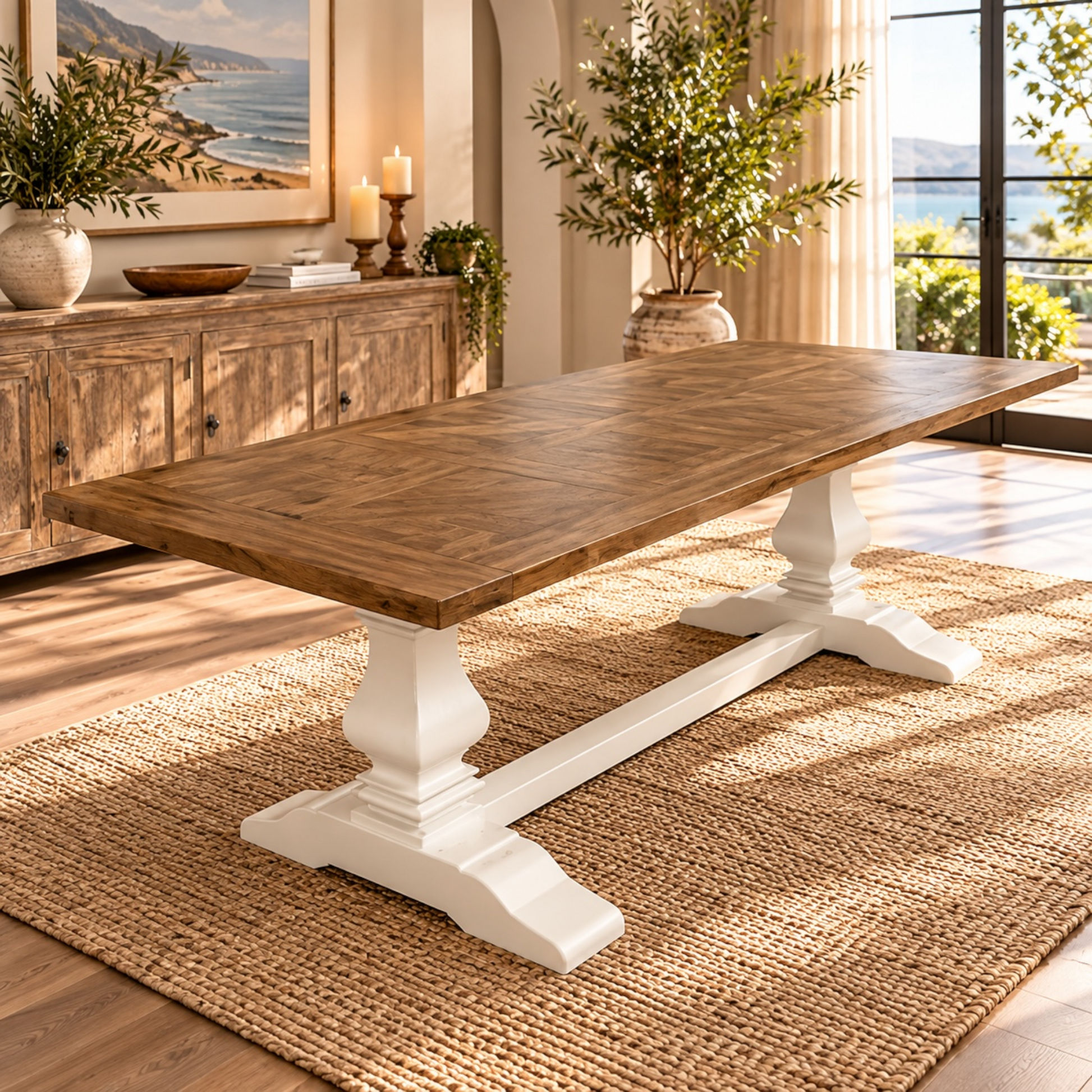 A rustic farmhouse dining table with a medium brown wood top and white trestle-style legs, shown in a bright, modern dining room setting on a woven jute rug.
