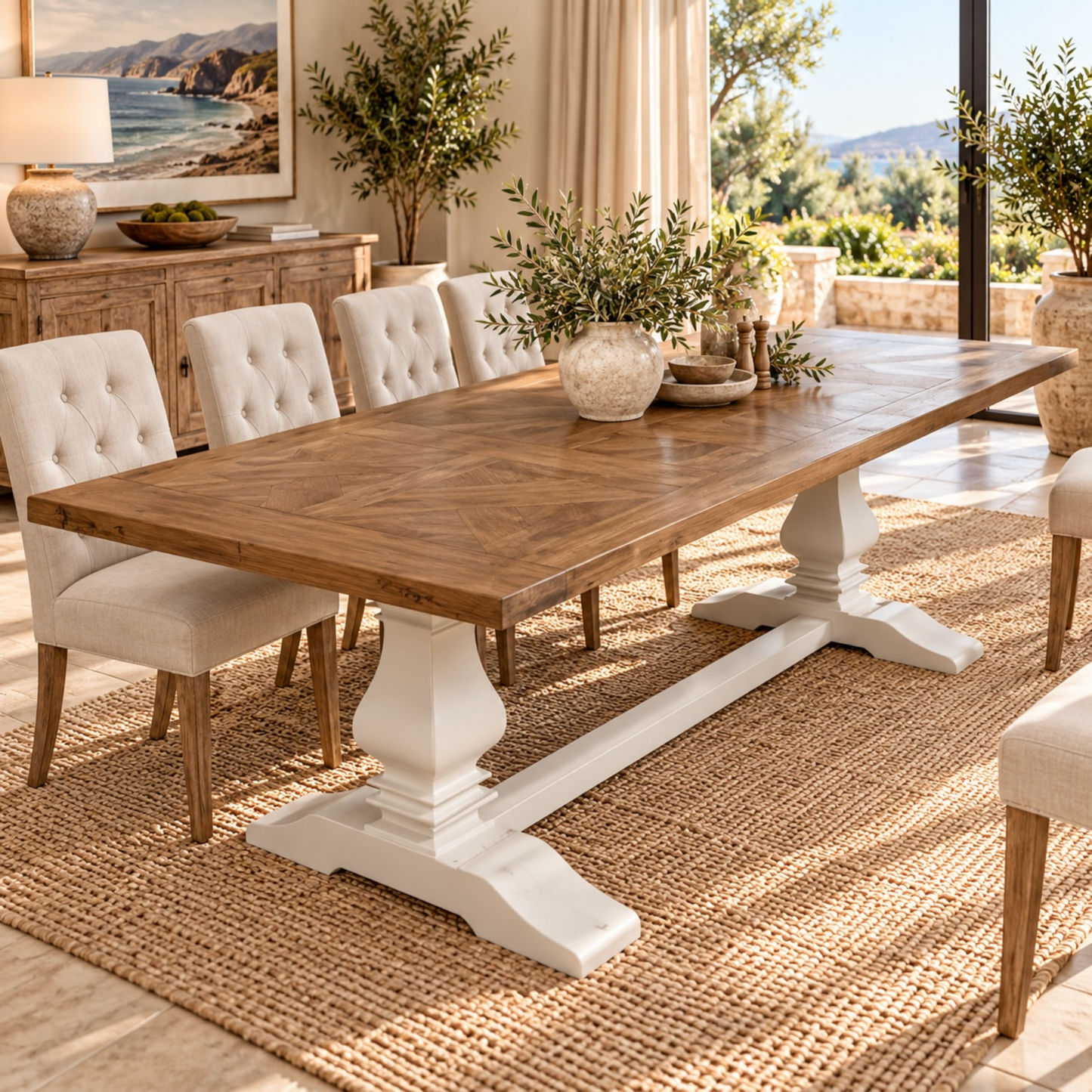 A rectangular wooden dining table with a herringbone pattern top and white trestle-style pedestal legs, surrounded by upholstered dining chairs in a bright, sunlit dining room.
