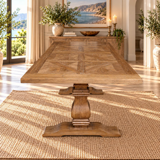 A rustic wooden dining table with a carved geometric top and a turned pedestal base, shown in a bright, sunlit dining room on a woven rug.