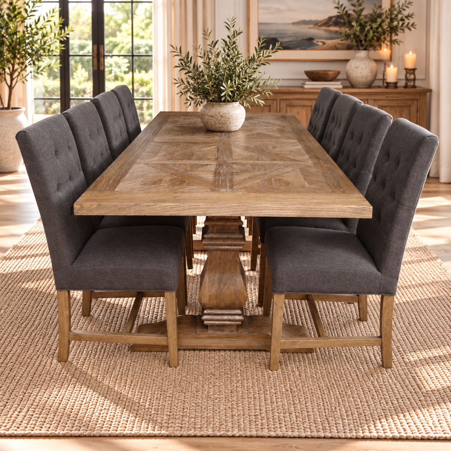 A rectangular wooden dining table with a geometric inlay pattern, surrounded by six gray upholstered dining chairs with tufted backs, set on a woven jute rug in a bright, modern dining room.