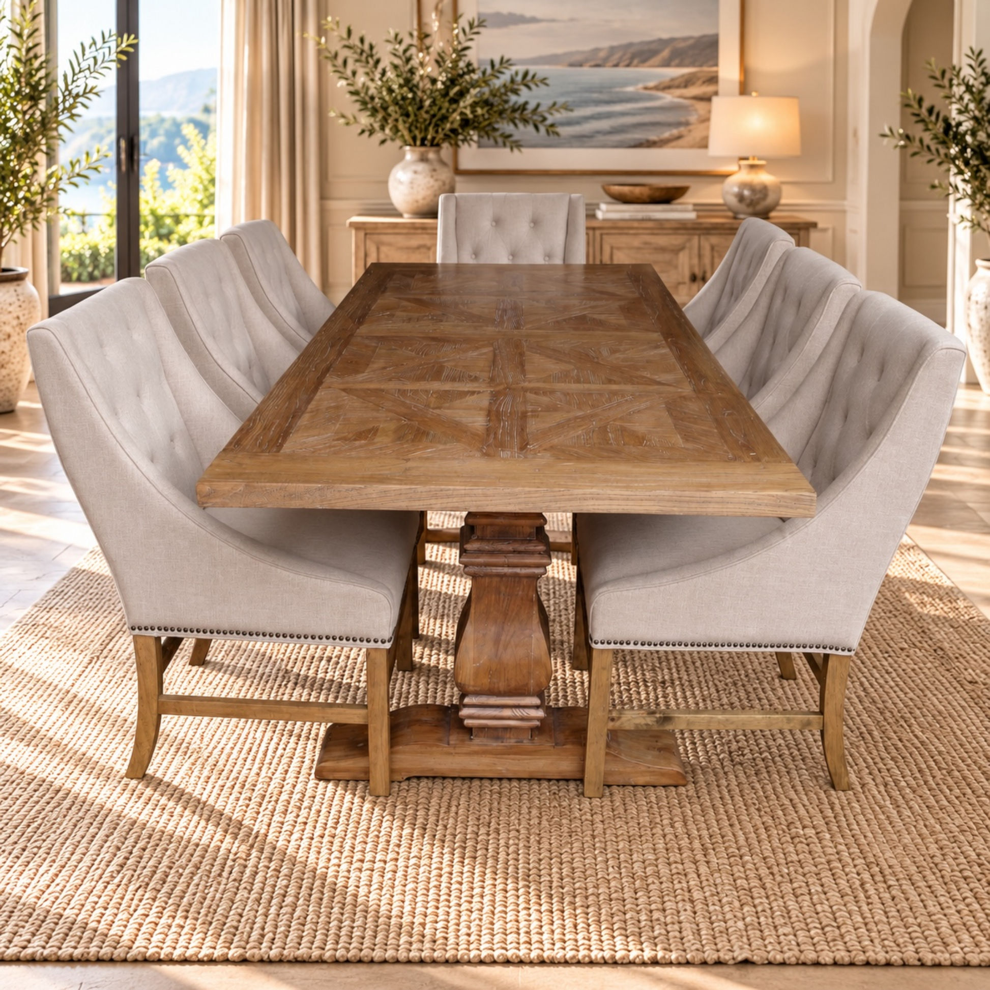 A wooden dining table with a geometric inlay pattern and a turned pedestal base, surrounded by six tufted upholstered dining chairs in a warm, elegant dining room setting.