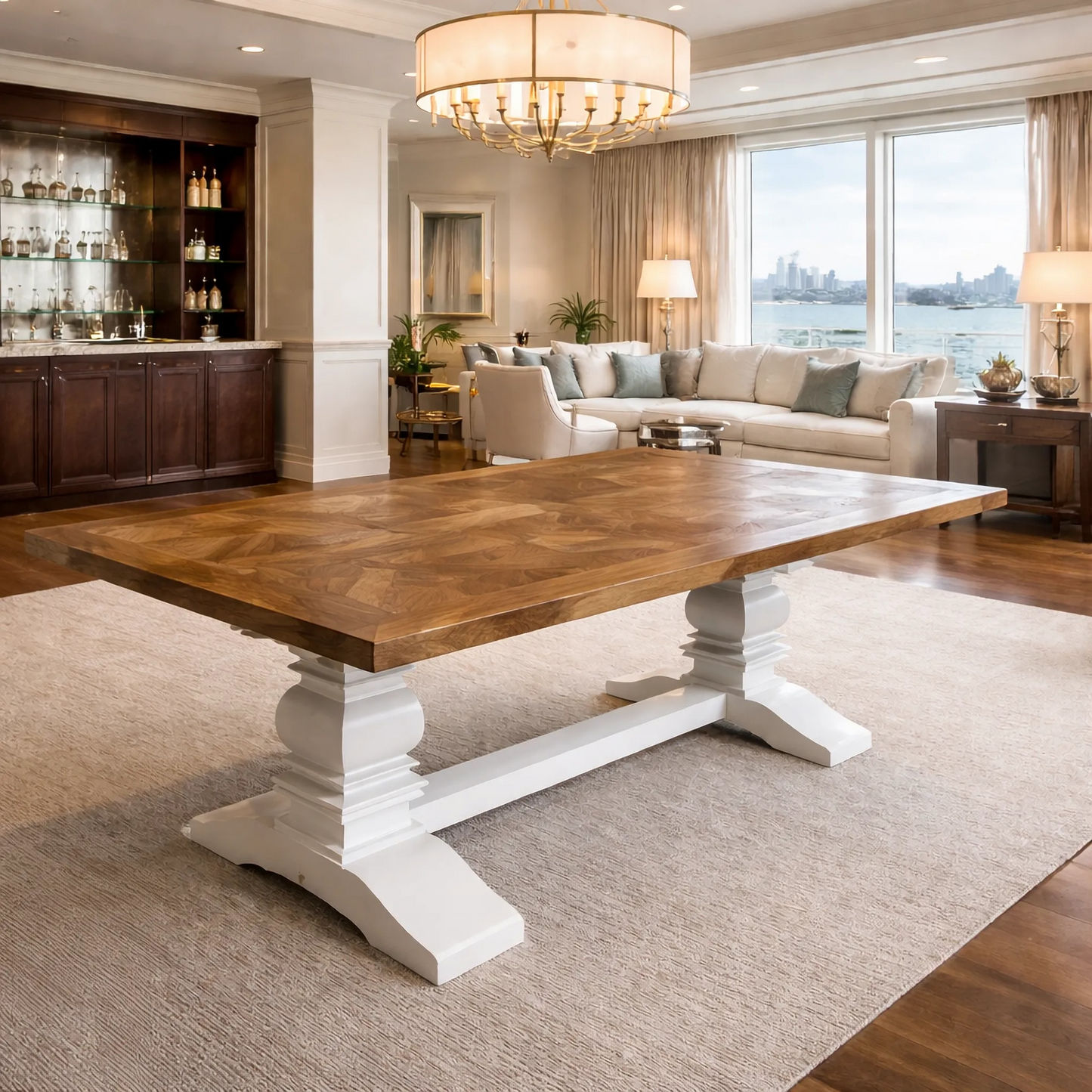 Dining room with a wooden table and white base in a modern living room setting.