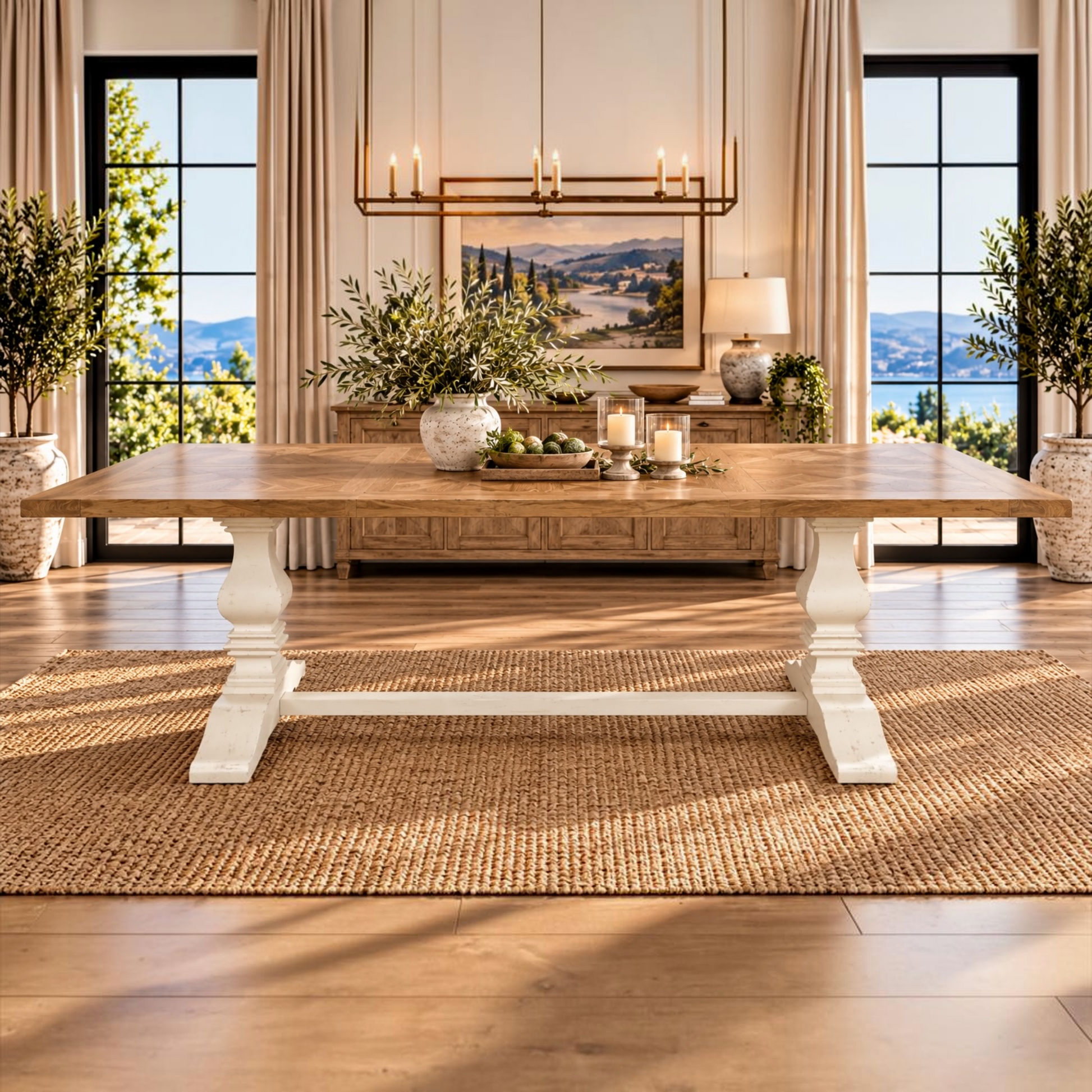 A rustic farmhouse dining table with a light natural wood top and white turned pedestal legs, set on a woven jute rug in a bright, modern dining room.