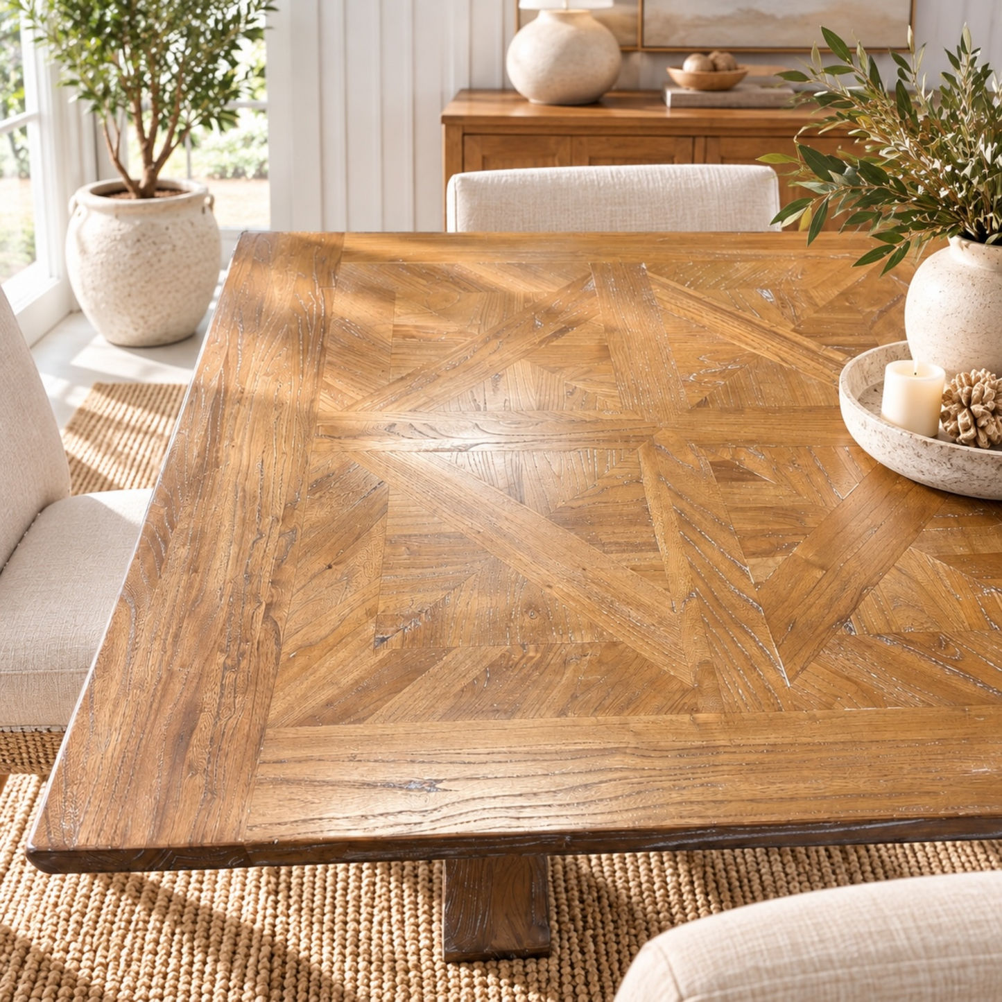 A rustic rectangular wooden dining table with a geometric herringbone inlay pattern, styled in a bright, modern dining room with chairs, plants, and a woven rug.