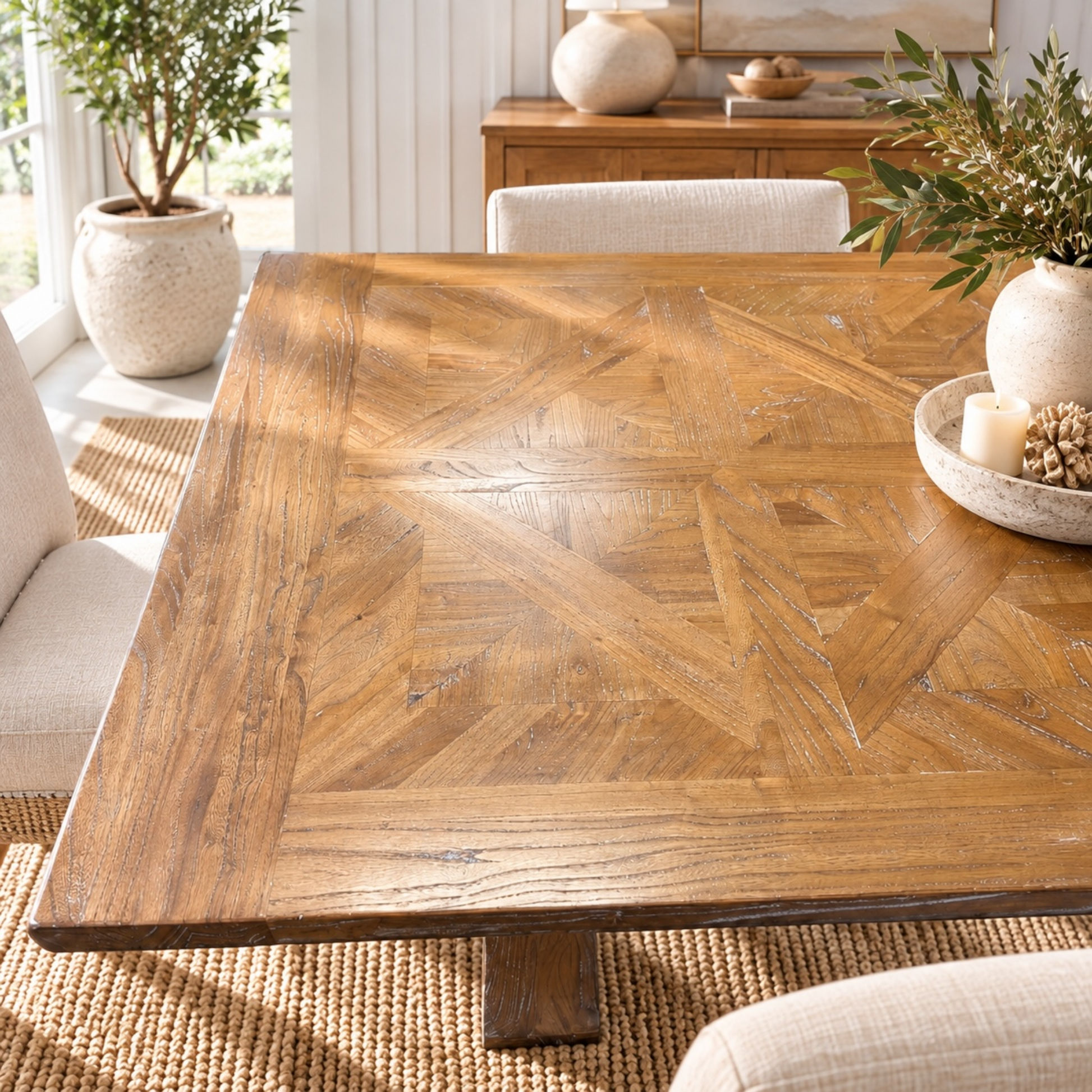 A rustic rectangular wooden dining table with a geometric herringbone inlay pattern, styled in a bright, modern dining room with chairs, plants, and a woven rug.