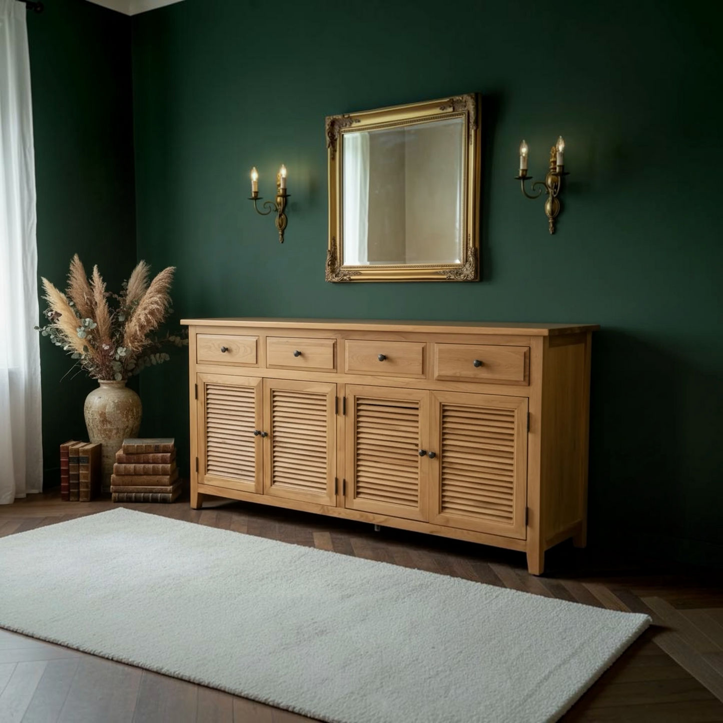 A light natural wood sideboard cabinet with louvered doors and drawers, styled in a dark green room under a gold-framed mirror and wall sconces.