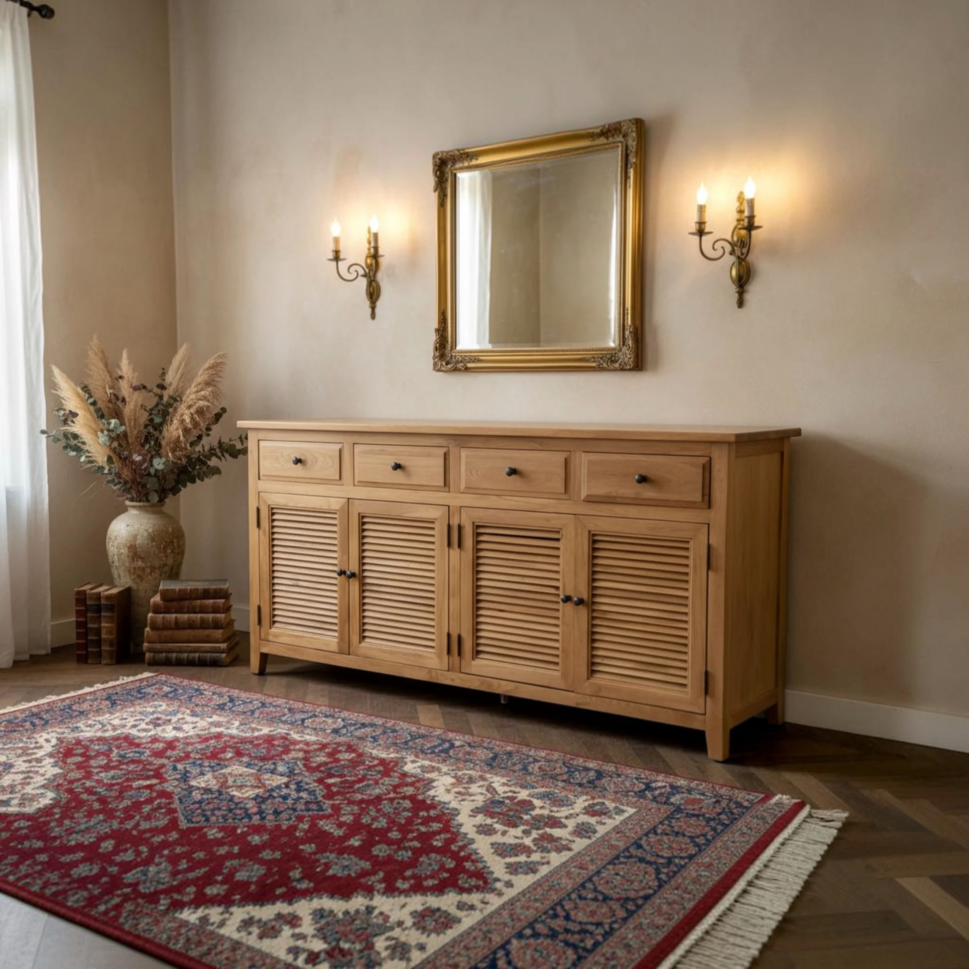 A light natural wood sideboard cabinet with louvered doors and three drawers, styled in a warm room setting with a gold-framed mirror, wall sconces, a red patterned rug, and a vase of dried grass.