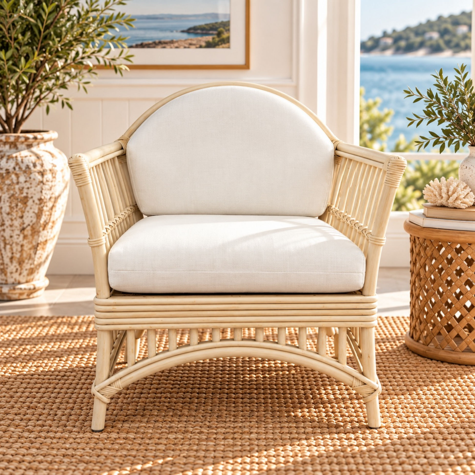 Denize Hamptons Rattan Armchair in Natural & White