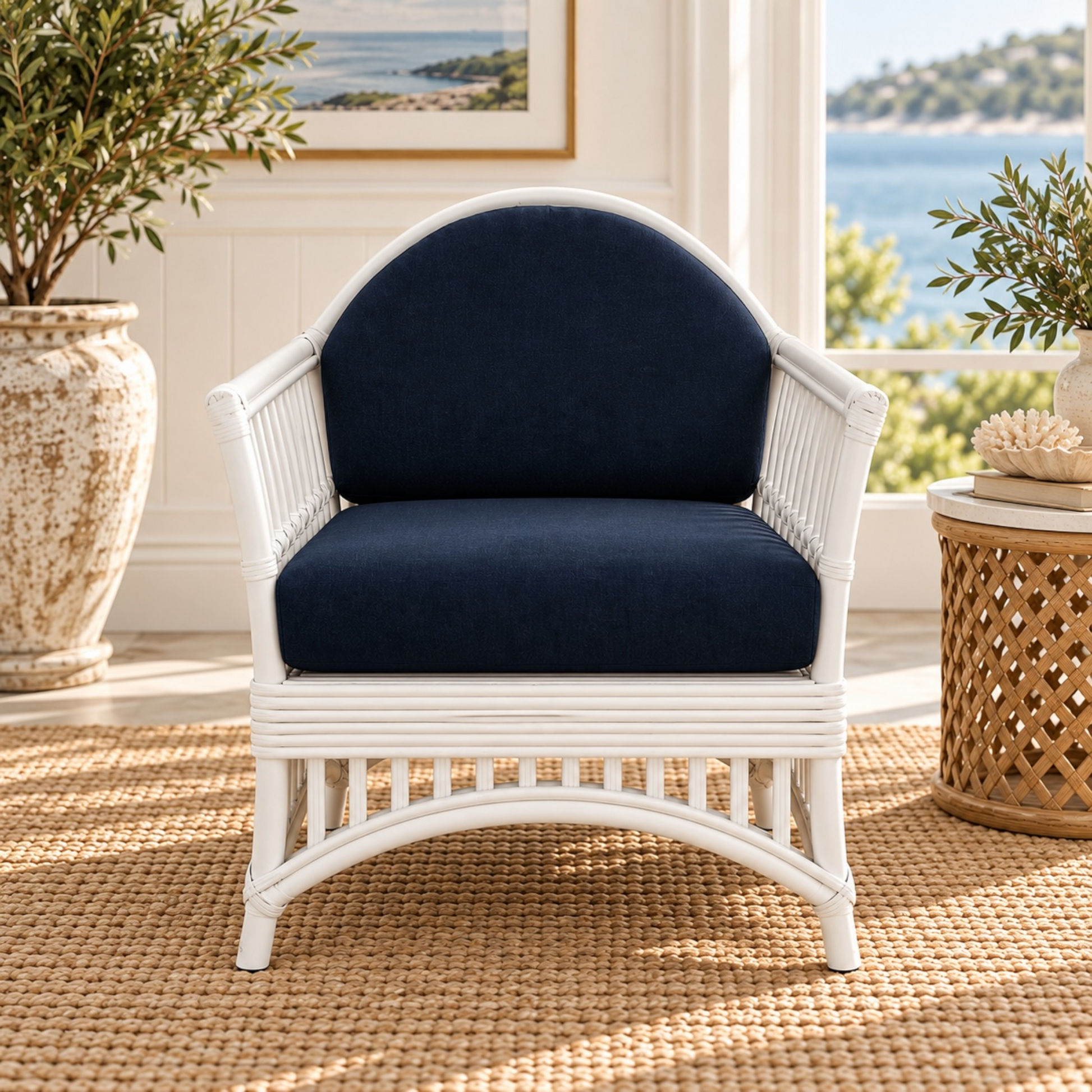 Denize Hamptons Rattan Armchair in White & Navy