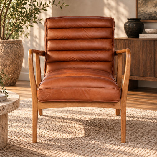 Anders Top Grain Leather Armchair in Toffee - Chocolate Wood