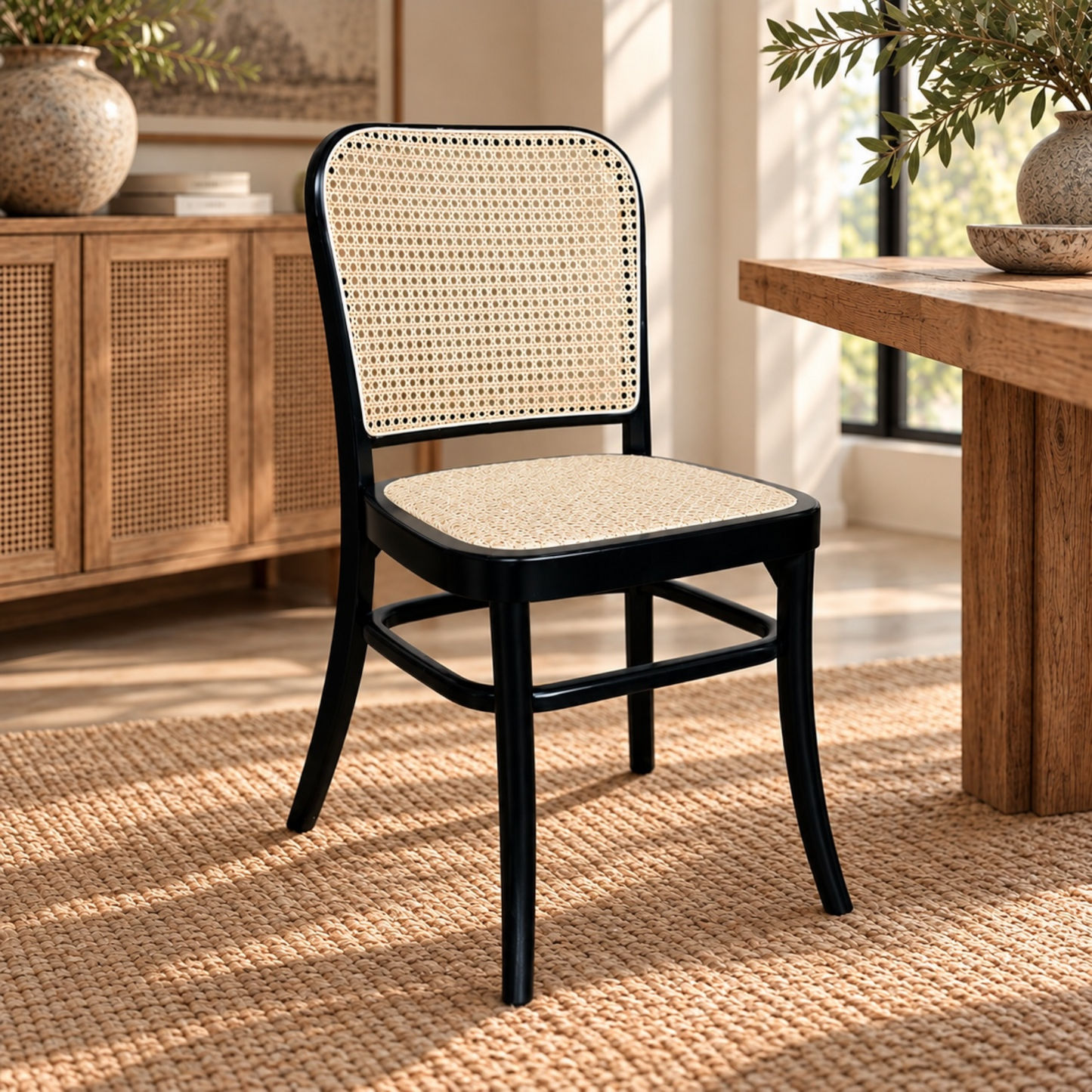 A black wooden dining chair with a woven cane backrest and seat cushion, positioned in a warm, sunlit dining room setting next to a wooden table.