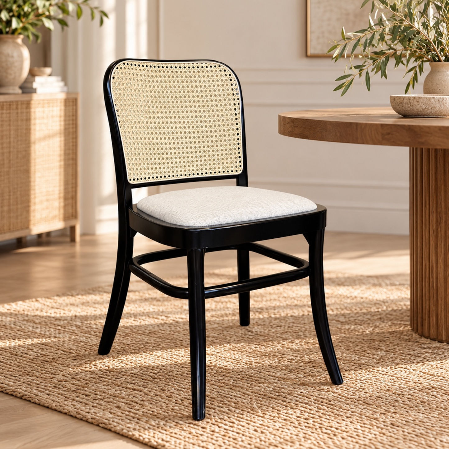 A dining chair with a black wooden frame, woven cane backrest, and a light beige upholstered seat cushion, shown in a bright, modern dining room setting.