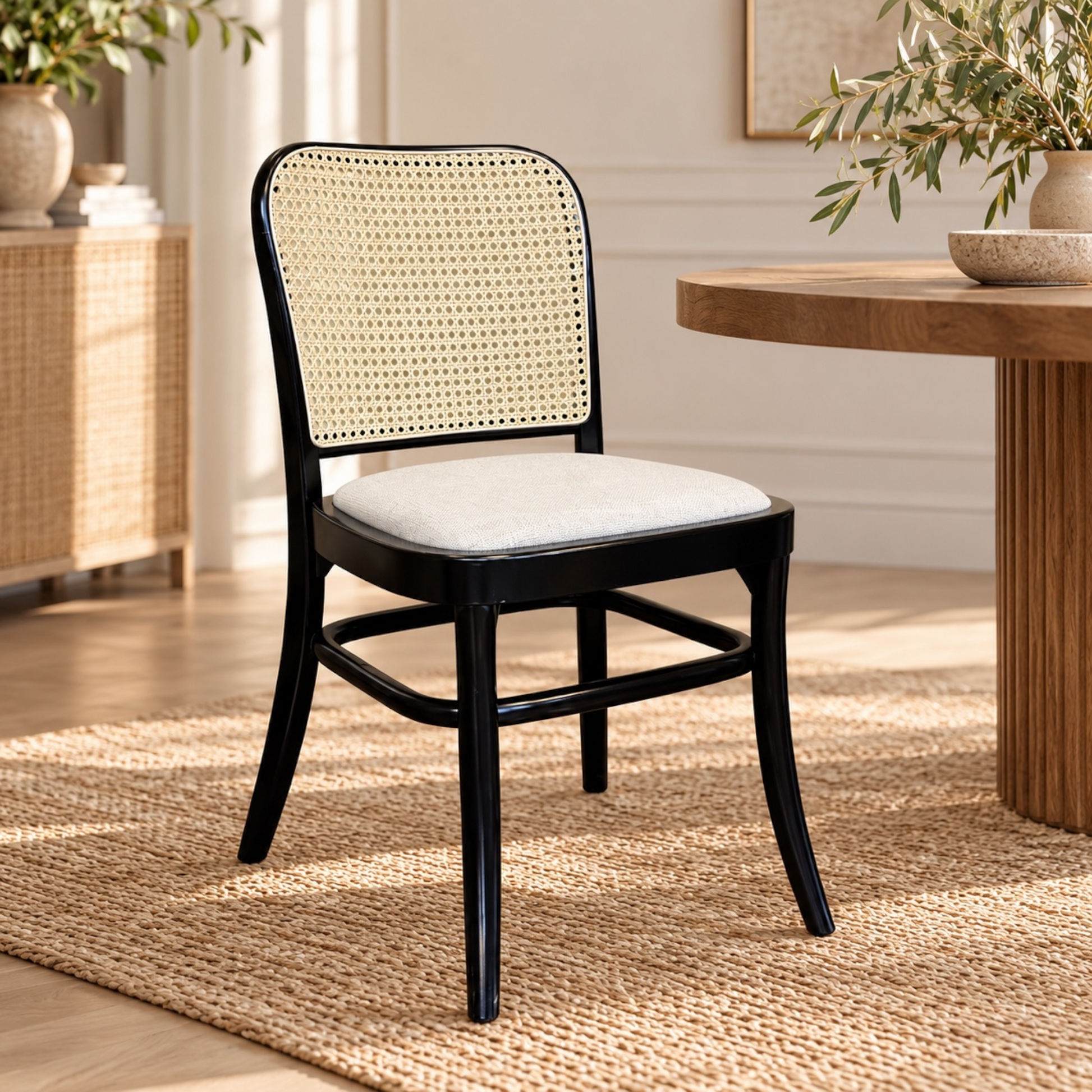 A dining chair with a black wooden frame, woven cane backrest, and a light beige upholstered seat cushion, shown in a bright, modern dining room setting.