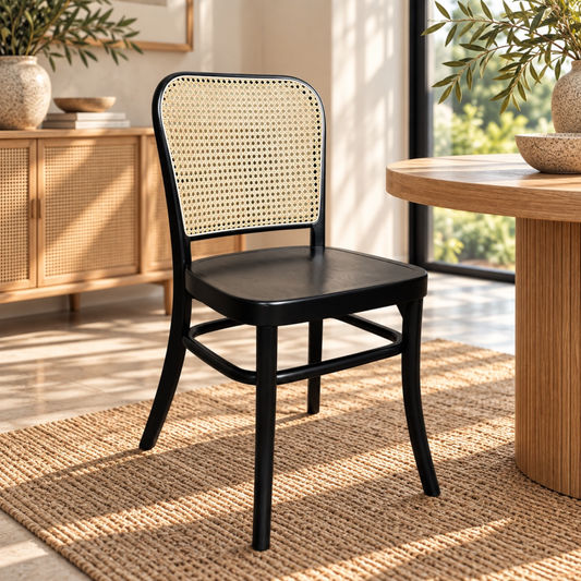 A black wooden dining chair with a woven cane backrest, styled in a bright, modern room next to a round wooden table on a woven rug.