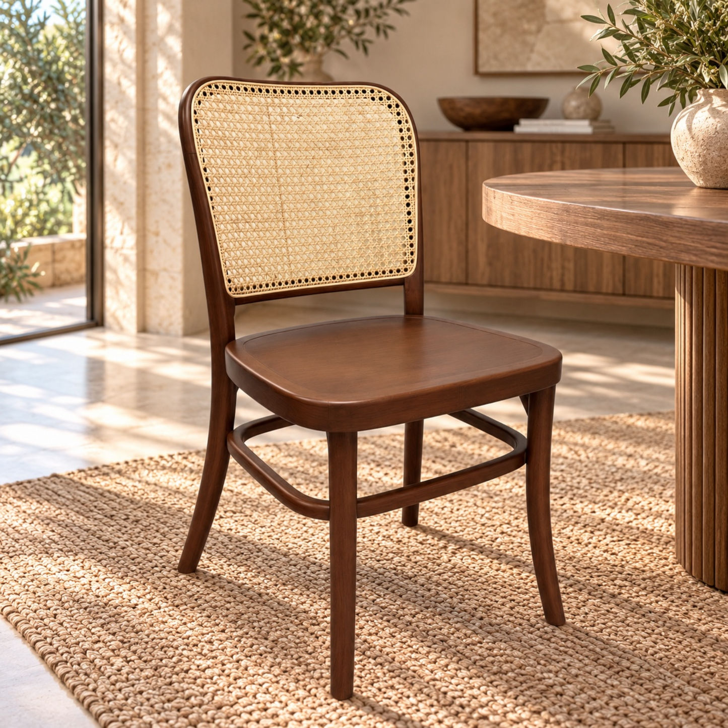 A wooden dining chair with a woven cane backrest, positioned next to a round wooden table in a bright, modern dining room.