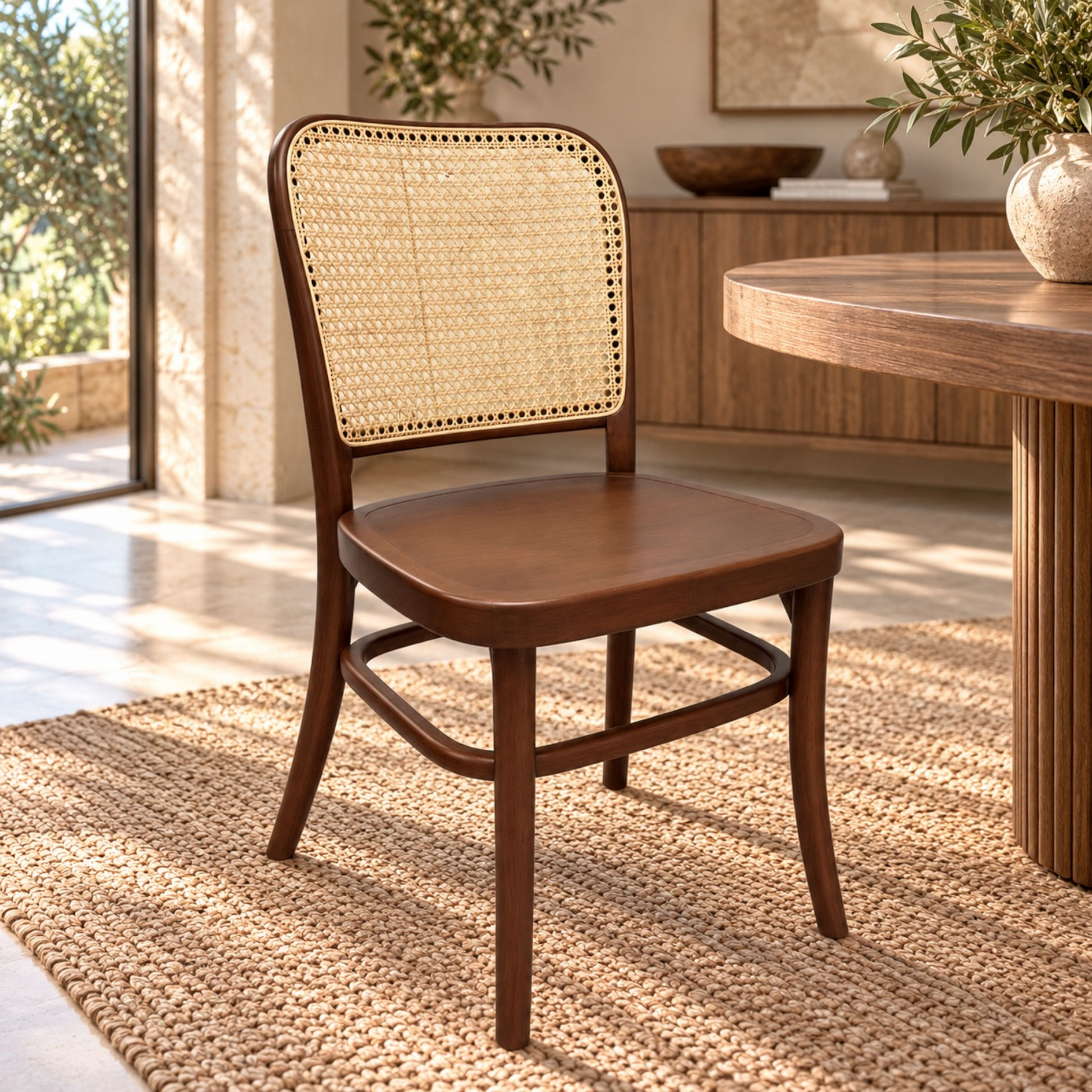 A wooden dining chair with a woven cane backrest, positioned next to a round wooden table in a bright, modern dining room.