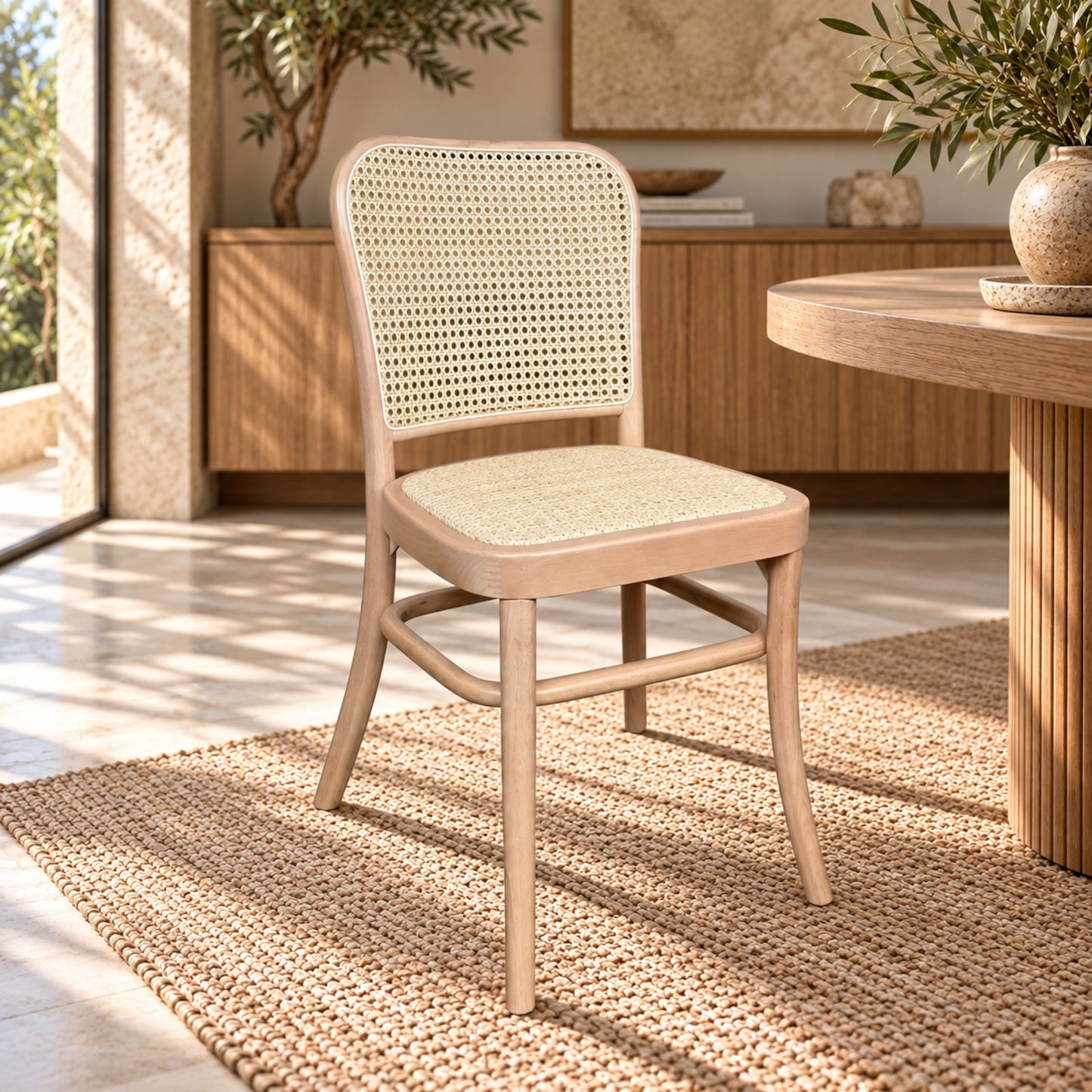 A light beige wooden dining chair with a woven cane backrest and seat, positioned on a woven rug next to a round wooden table in a bright, modern dining room.