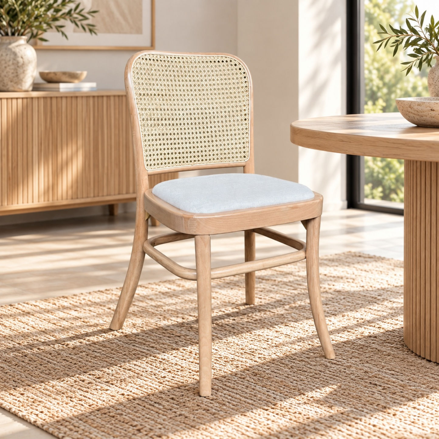 A light natural wood dining chair with a woven cane backrest and a pale blue-gray cushioned seat, shown in a bright, modern room next to a matching wooden table.