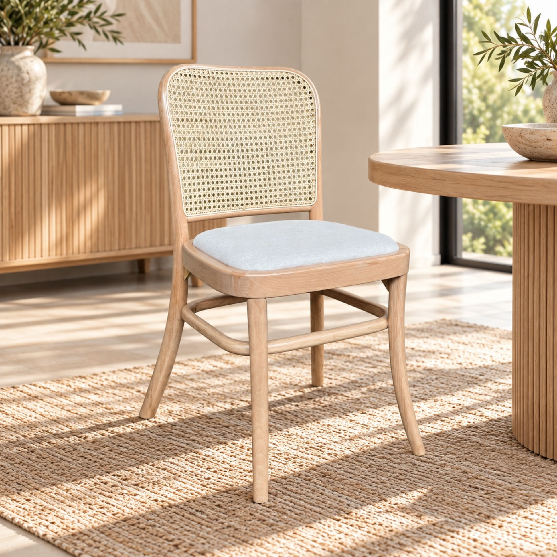 A light natural wood dining chair with a woven cane backrest and a pale blue-gray cushioned seat, shown in a bright, modern room next to a matching wooden table.