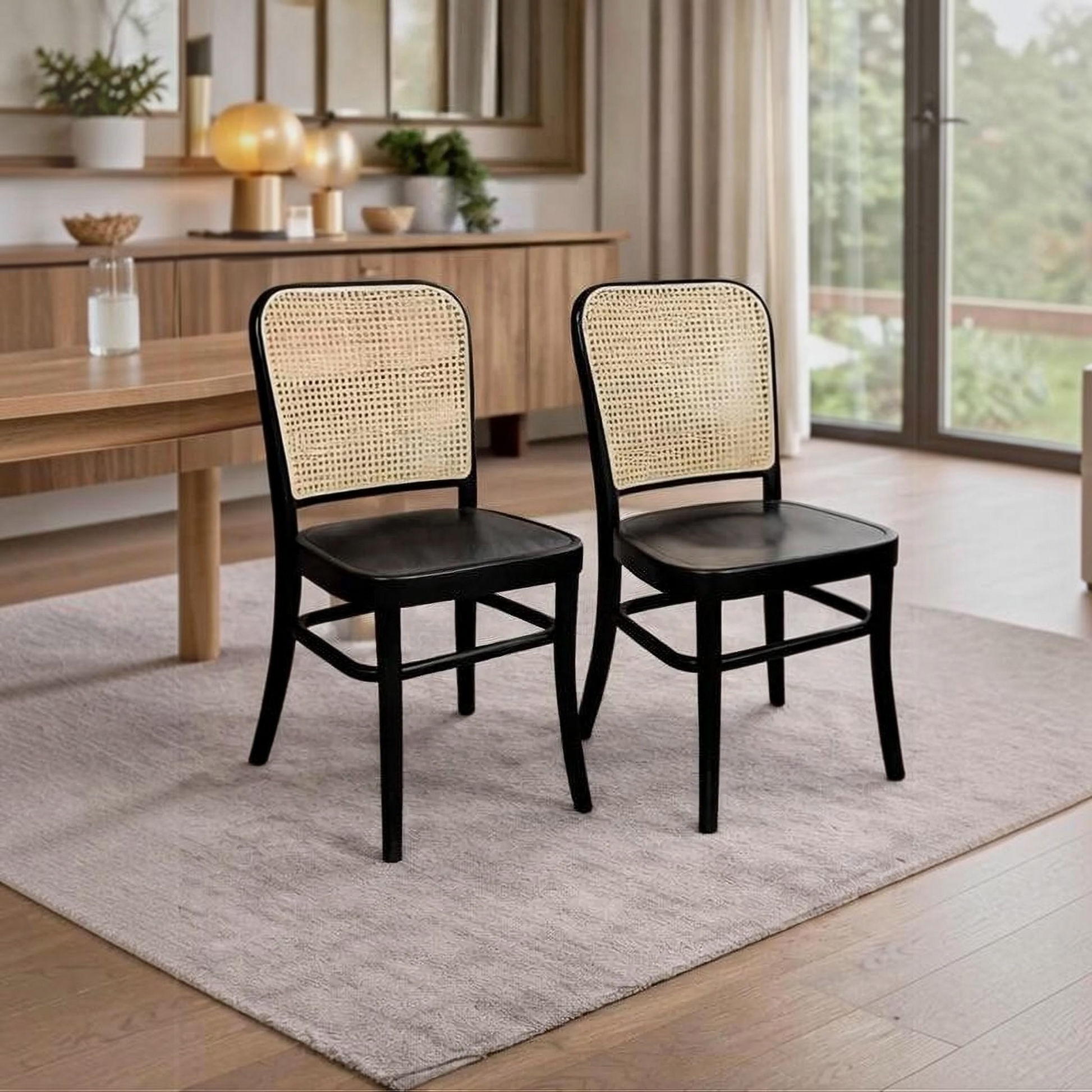 Two dining chairs with black frames and woven cane backs, placed on a light rug in a modern dining room setting.