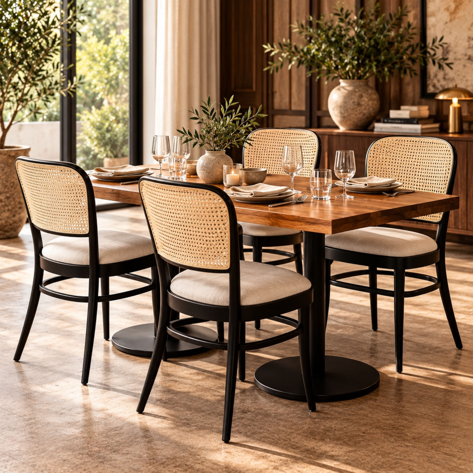 A dining table set in a warm, modern dining room. The table is a medium brown wood with a black metal pedestal base, surrounded by four matching chairs featuring woven cane backrests and cream-colored upholstered seats.