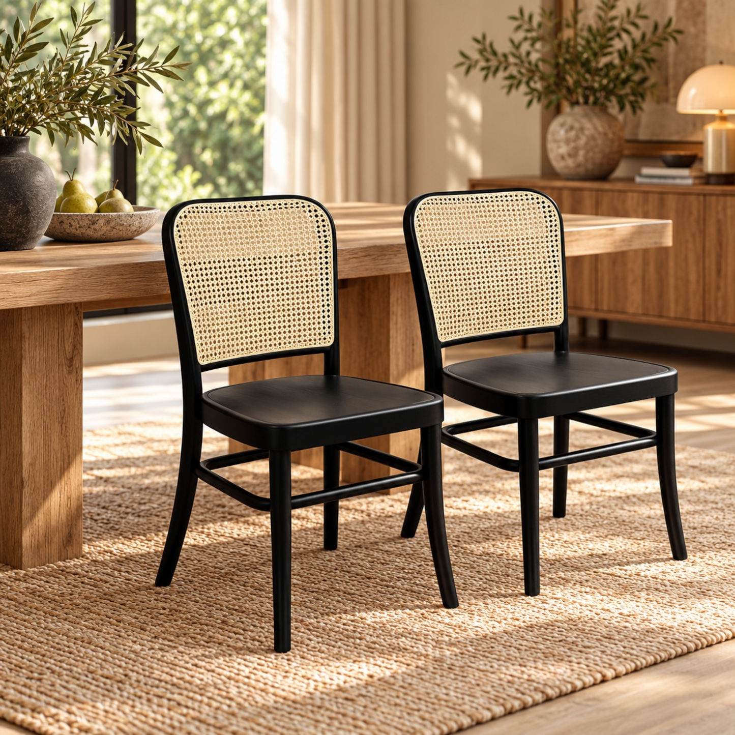 Two black dining chairs with woven cane backrests are placed in front of a wooden dining table in a warm, sunlit room with a rug, plants, and a cabinet in the background.