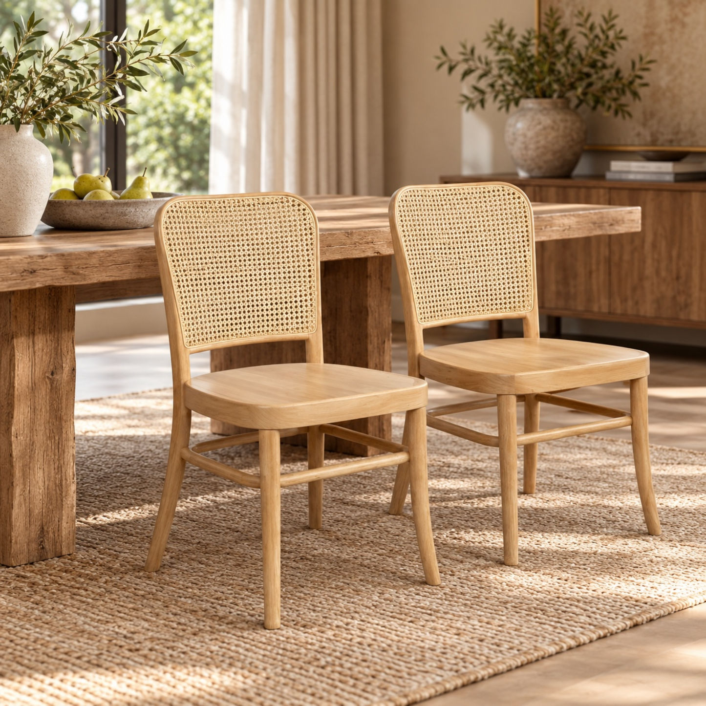 Two light natural wood dining chairs with woven cane backs are placed in front of a rustic wooden dining table in a warm, sunlit room with a rug, plants, and curtains.