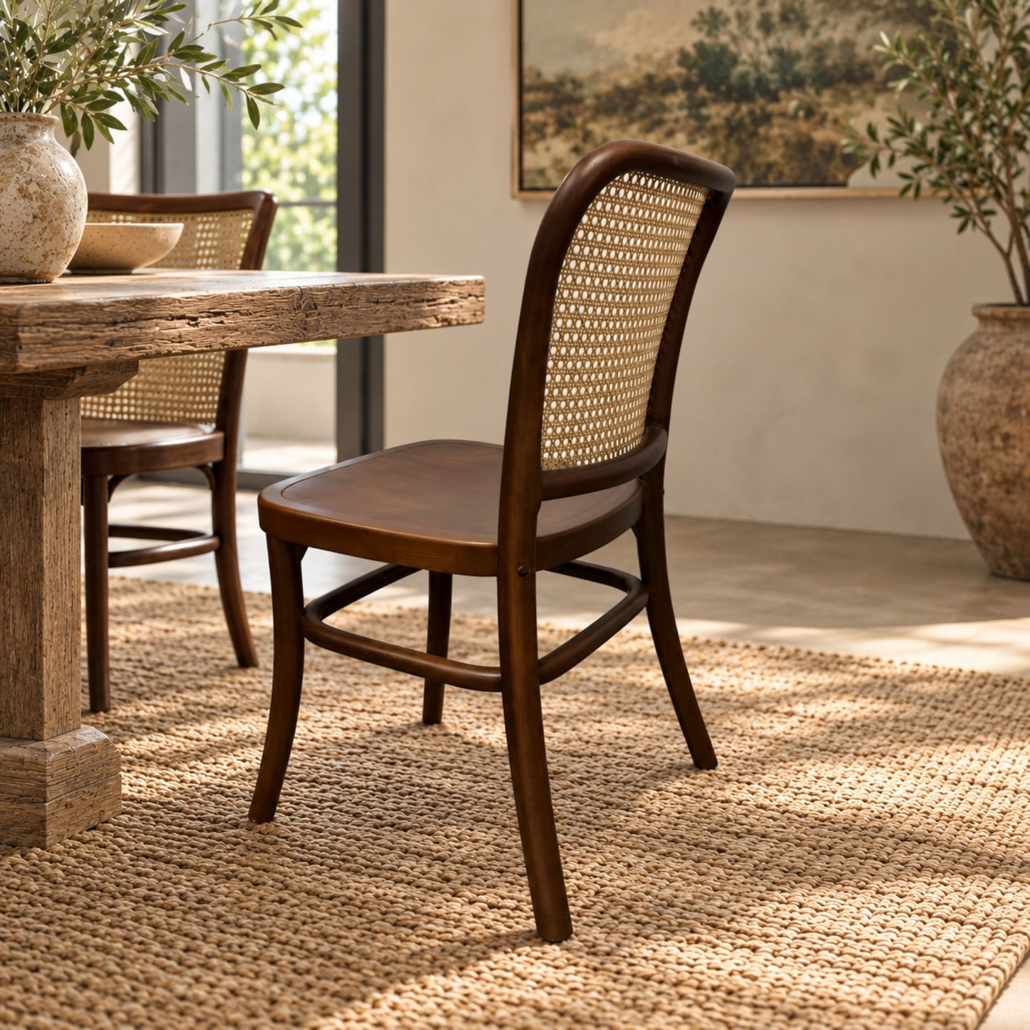 A dark brown wooden dining chair with a woven cane backrest, shown in a styled dining room setting next to a rustic wooden table on a woven jute rug.