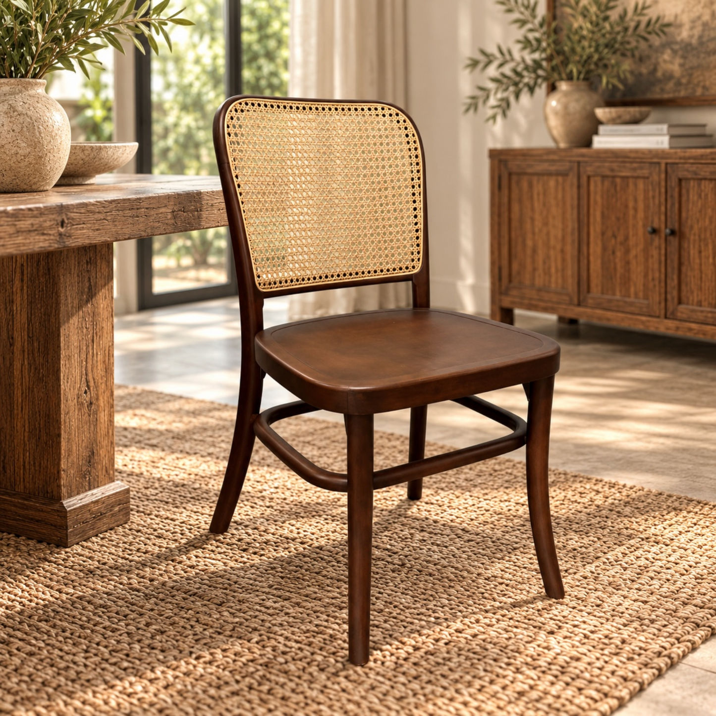 A wooden dining chair with a woven cane backrest, positioned on a textured jute rug in a warm, rustic dining room setting.