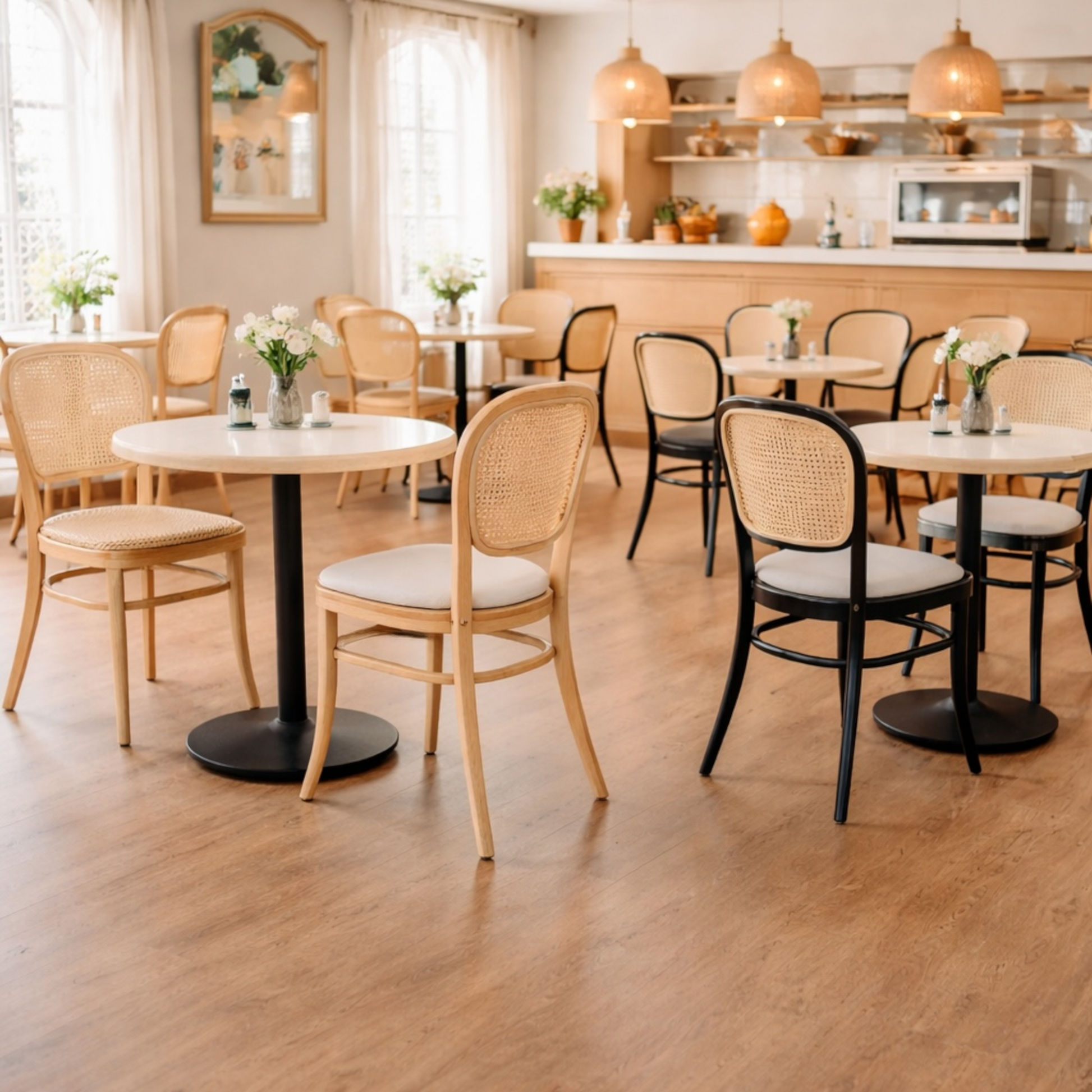 Café interior with wooden tables and chairs, light-colored walls, and a counter.
