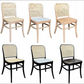 Six dining chairs shown in a 2x3 grid on a plain white background, including variations of light wood frames, cane backs, woven seat panels, pale blue seat cushions, and black frames with light and dark seat cushions.