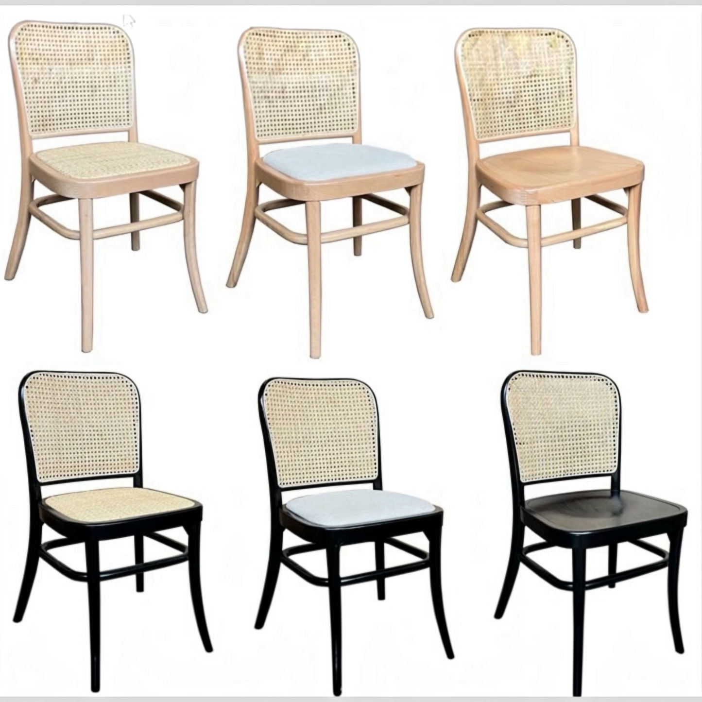 Six dining chairs shown in a 2x3 grid on a plain white background, including variations of light wood frames, cane backs, woven seat panels, pale blue seat cushions, and black frames with light and dark seat cushions.
