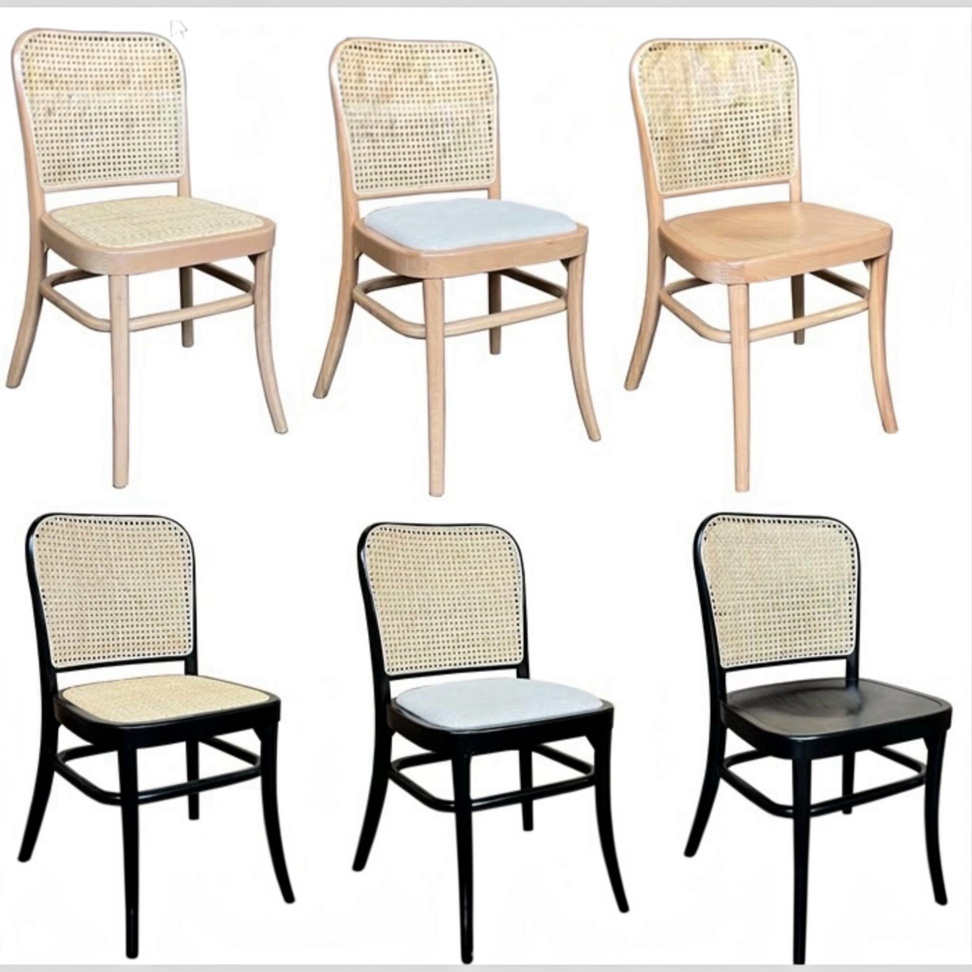 Six dining chairs shown in a 2x3 grid on a plain white background, including variations of light wood frames, cane backs, woven seat panels, pale blue seat cushions, and black frames with light and dark seat cushions.