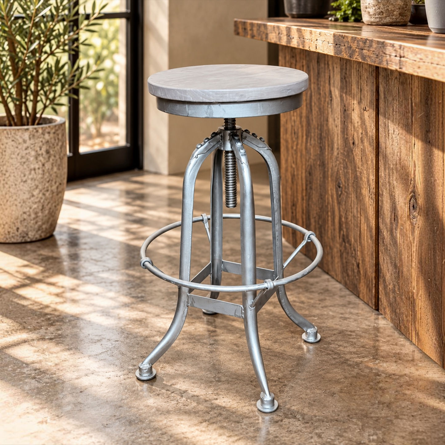 Conrad Recycled Elm & Iron Adjustable Swivel Bar Stool