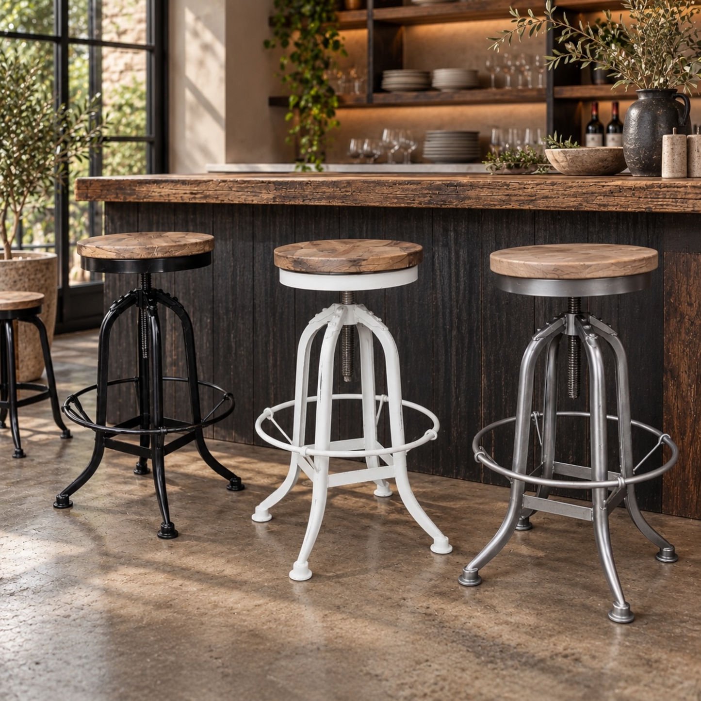 Conrad Recycled Elm & Iron Adjustable Swivel Bar Stool