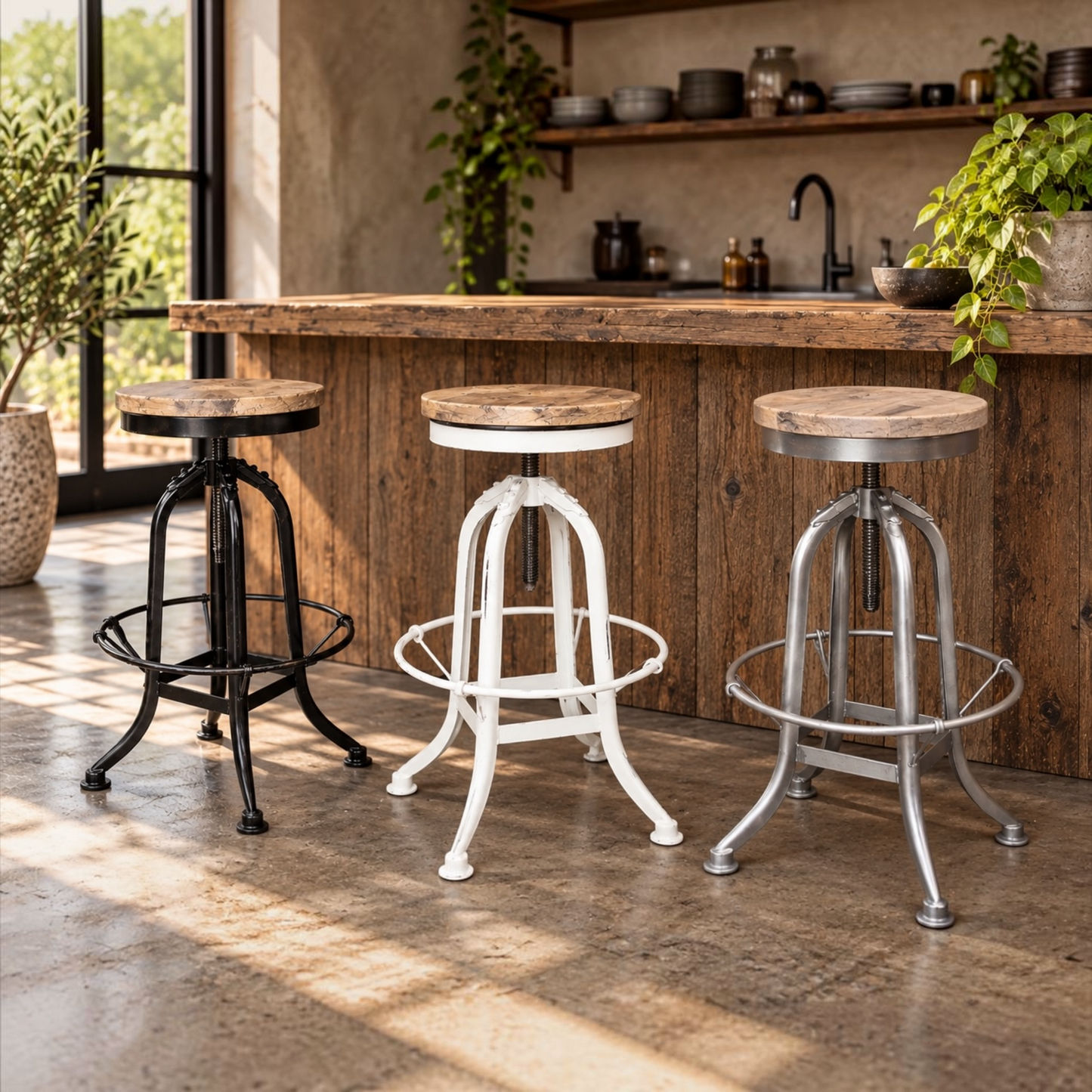 Conrad Recycled Elm & Iron Adjustable Swivel Bar Stool
