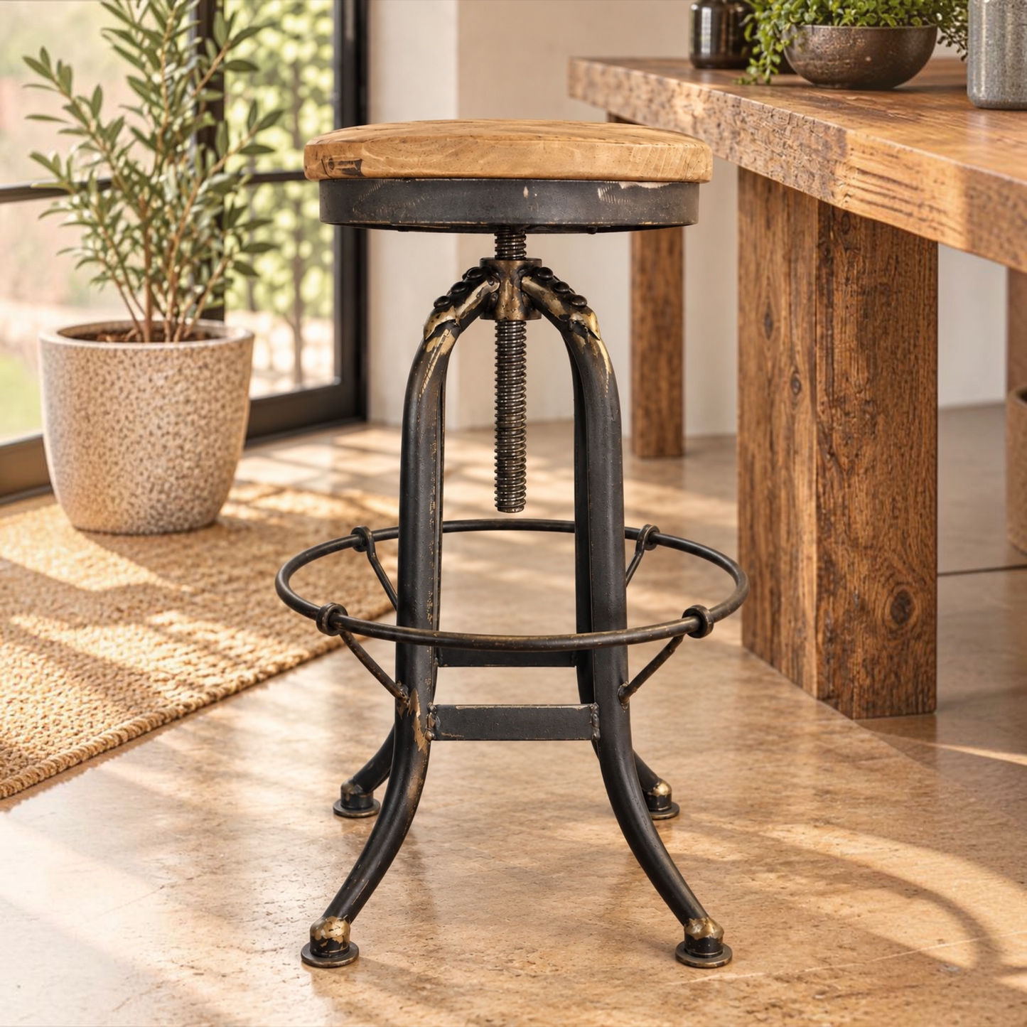 Conrad Recycled Elm & Iron Adjustable Swivel Bar Stool