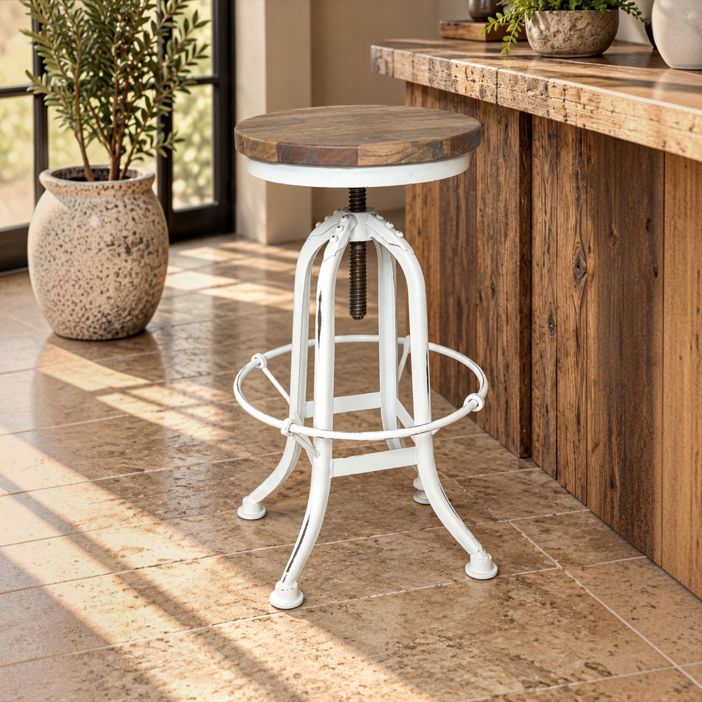 Conrad Recycled Elm & Iron Adjustable Swivel Bar Stool