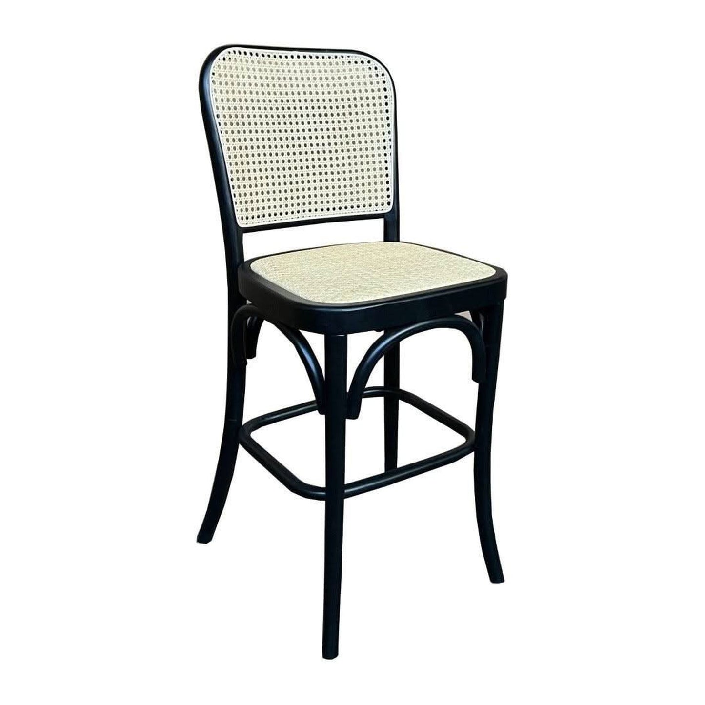 A bar stool with a black bentwood frame and woven cane backrest and seat, shown on a plain white background.