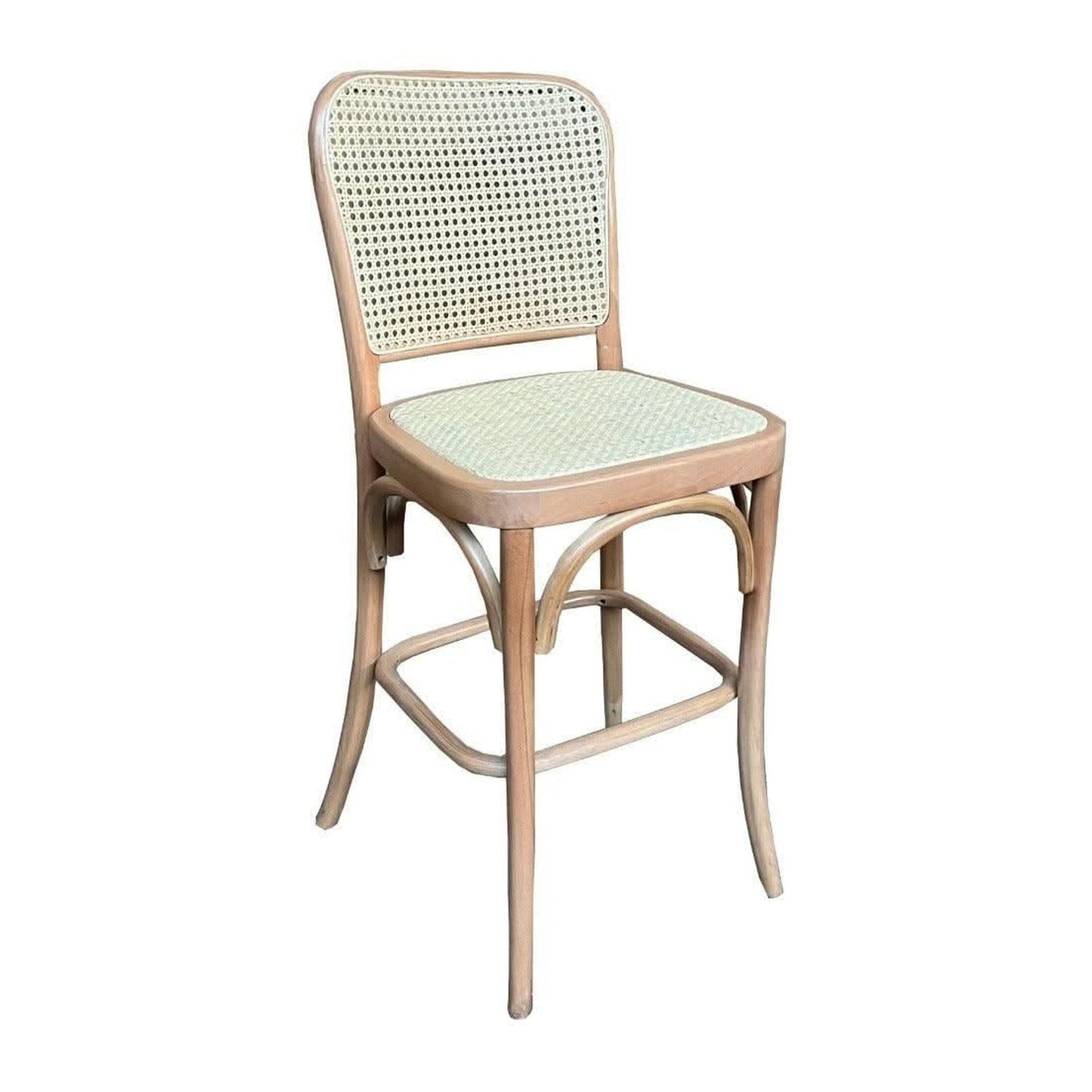A classic bistro counter stool with a light natural wood frame and woven cane backrest and seat, isolated on a white background.