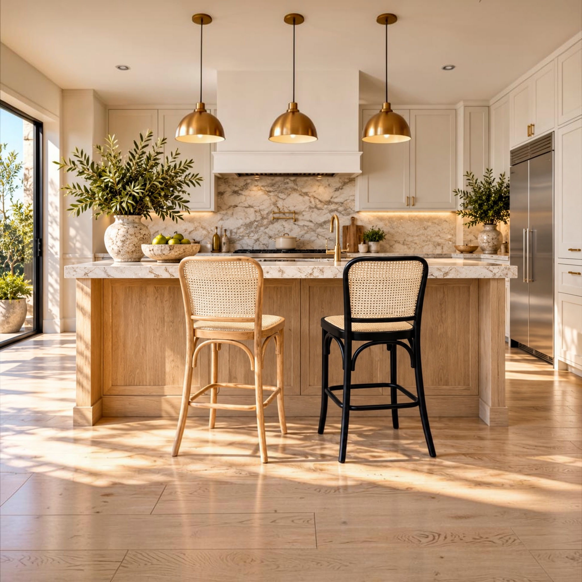 A modern kitchen island with a marble countertop, light wood cabinetry, three brass pendant lights, and two bar stools—a natural rattan cane chair and a black metal chair—with a marble seat. The room is brightly lit with warm sunlight and shadows on a light wood floor.