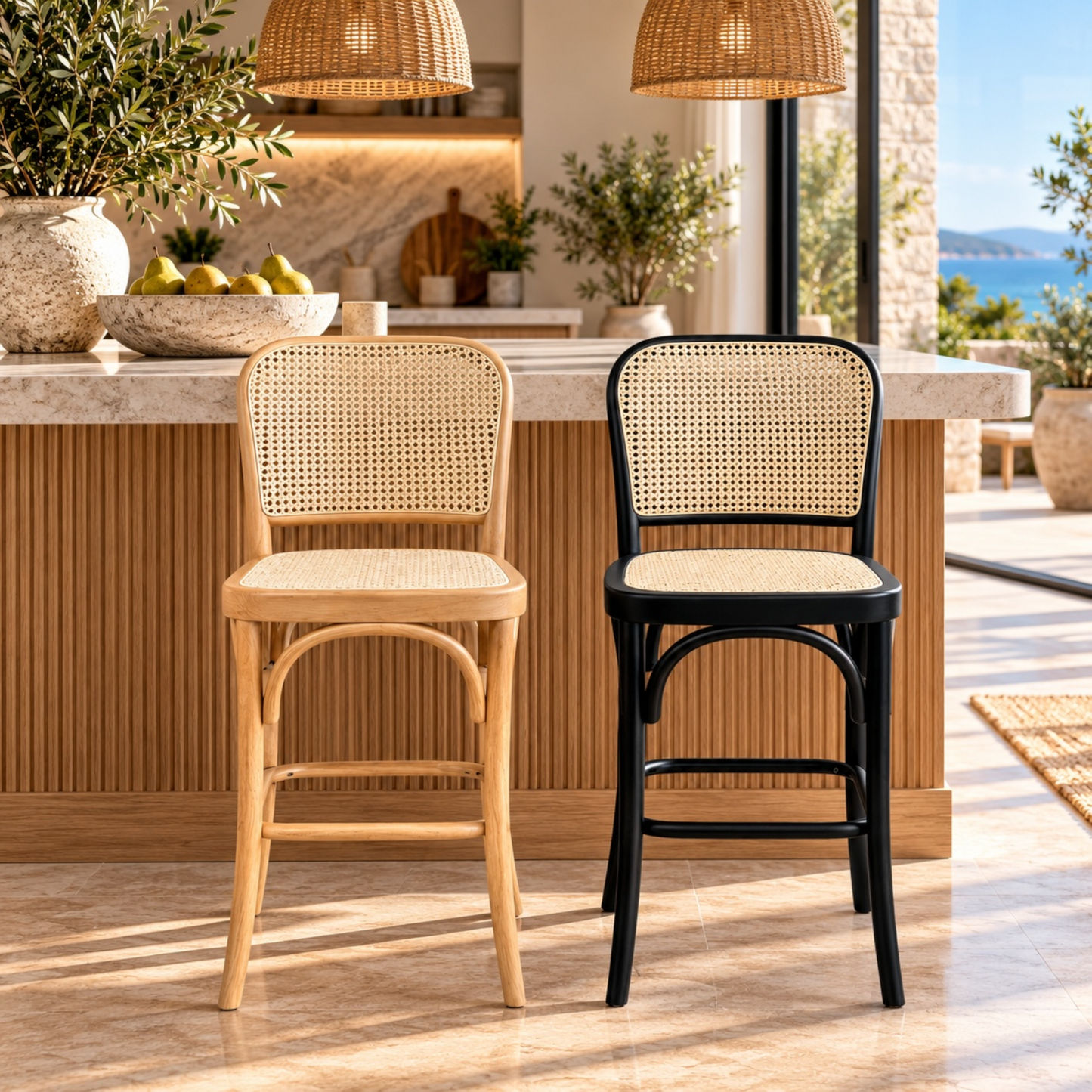 Two modern bar stools in a bright kitchen setting. The left stool has a light natural wood frame with a woven cane back and seat.