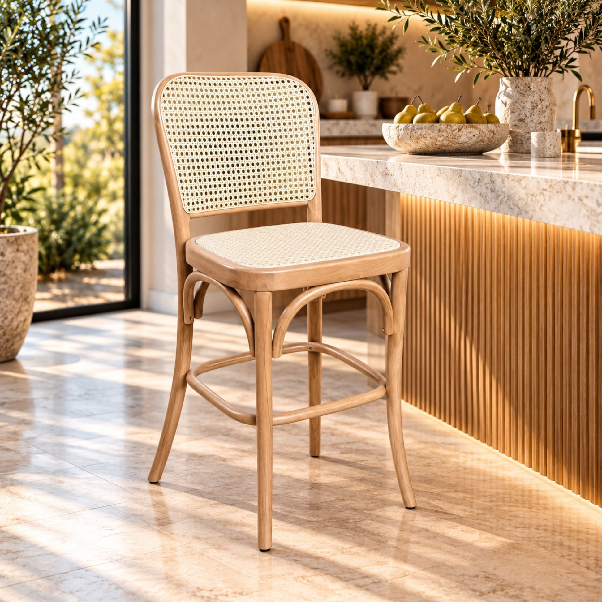 A light natural wood bar stool with a woven cane backrest and seat, positioned in a bright, modern kitchen setting.