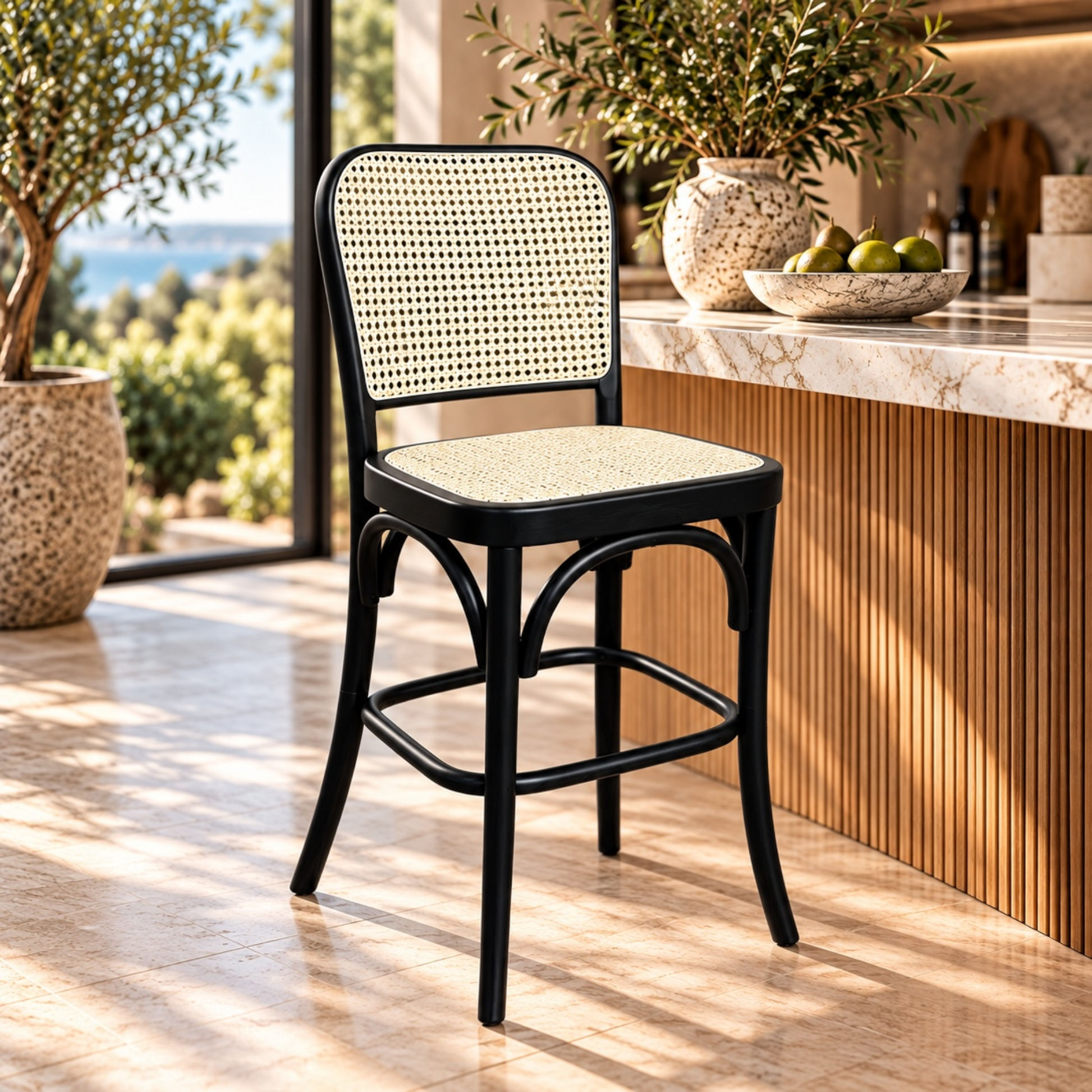 A black bentwood bar stool with a woven cane backrest and seat sits in a sunlit modern kitchen or bar area with marble countertops, potted plants, and a bowl of limes.