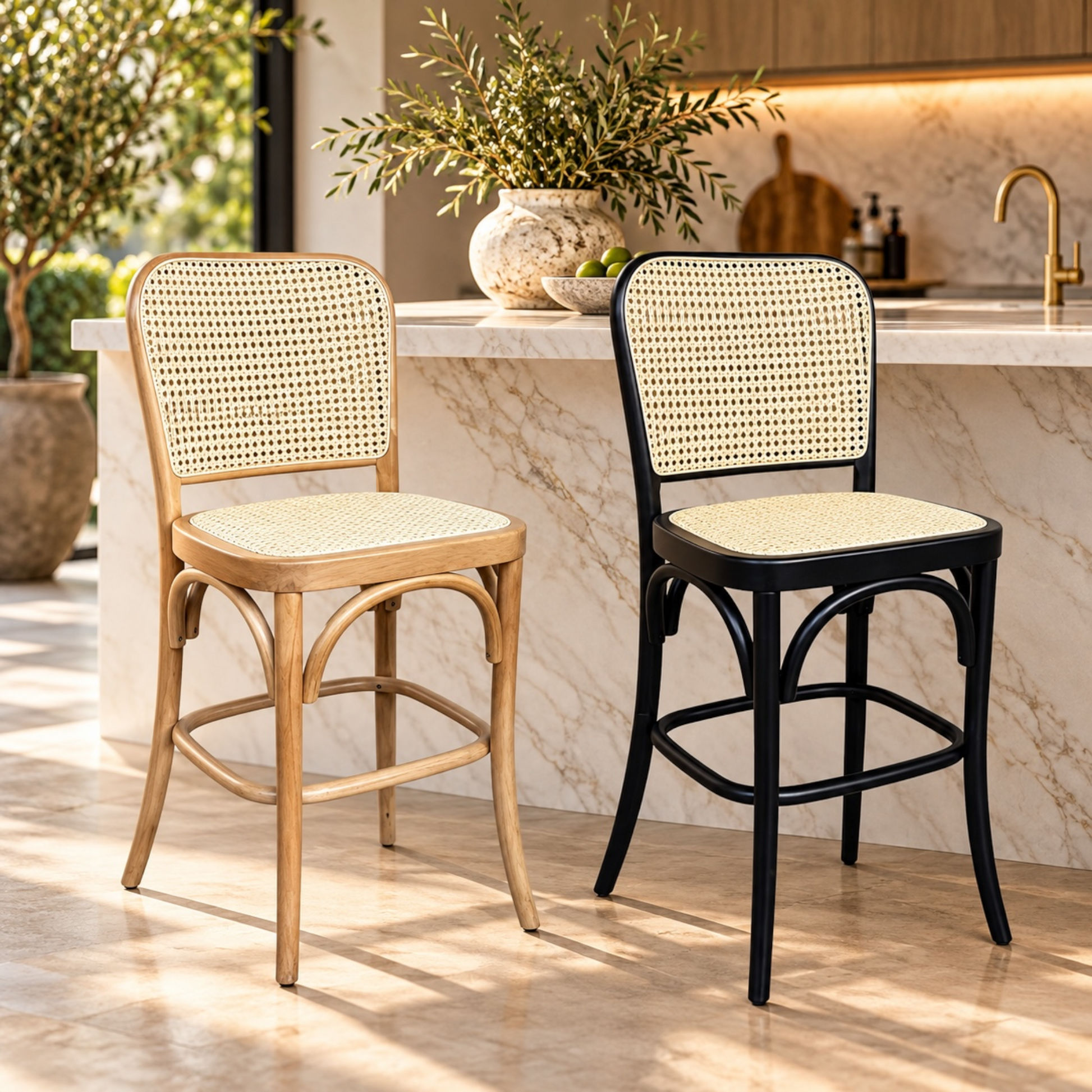 Two bar stools with woven cane backs and seats are shown in a bright, modern kitchen setting. The stool on the left has a light natural wood frame, and the stool on the right has a black frame.