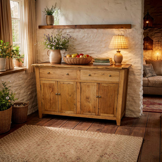A rustic light brown wooden sideboard cabinet with four doors and two drawers, styled in a warm, cozy living room setting with a lamp, books, and flowers.